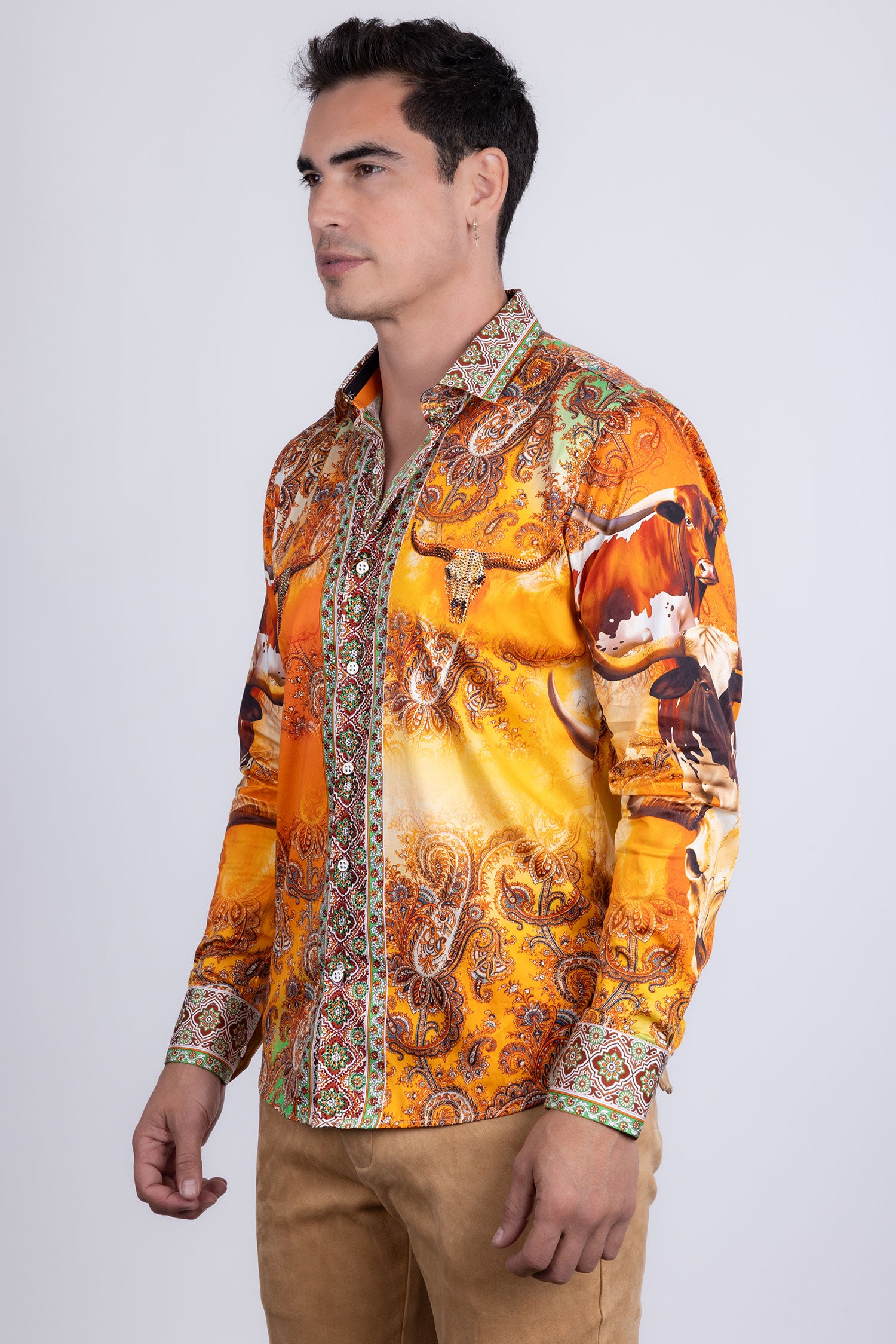 Barabas Men's Rhinestones Animal Paisley Long Sleeve Shirts 5SPR12 Yellow