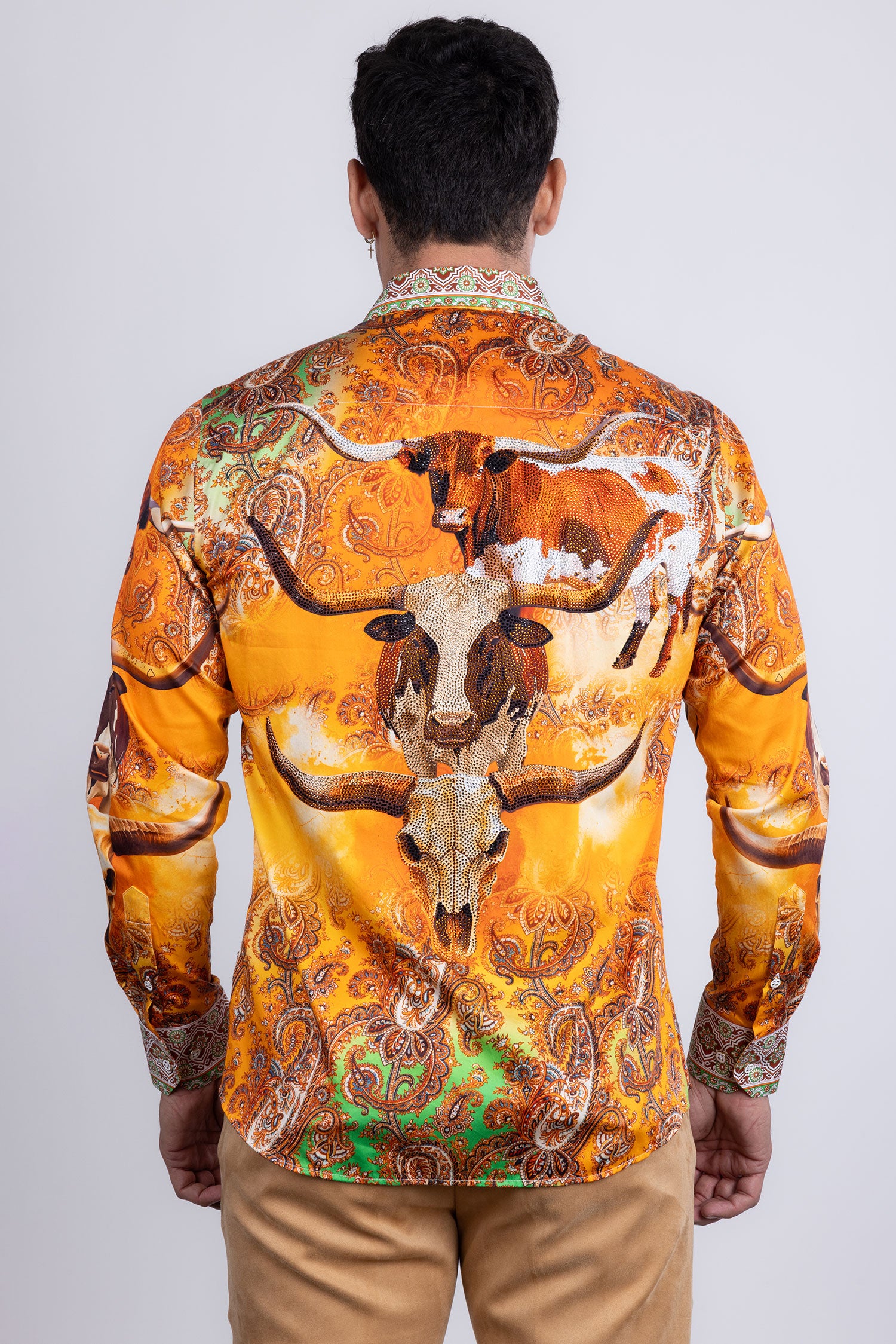 Barabas Men's Rhinestones Animal Paisley Long Sleeve Shirts 5SPR12 Yellow