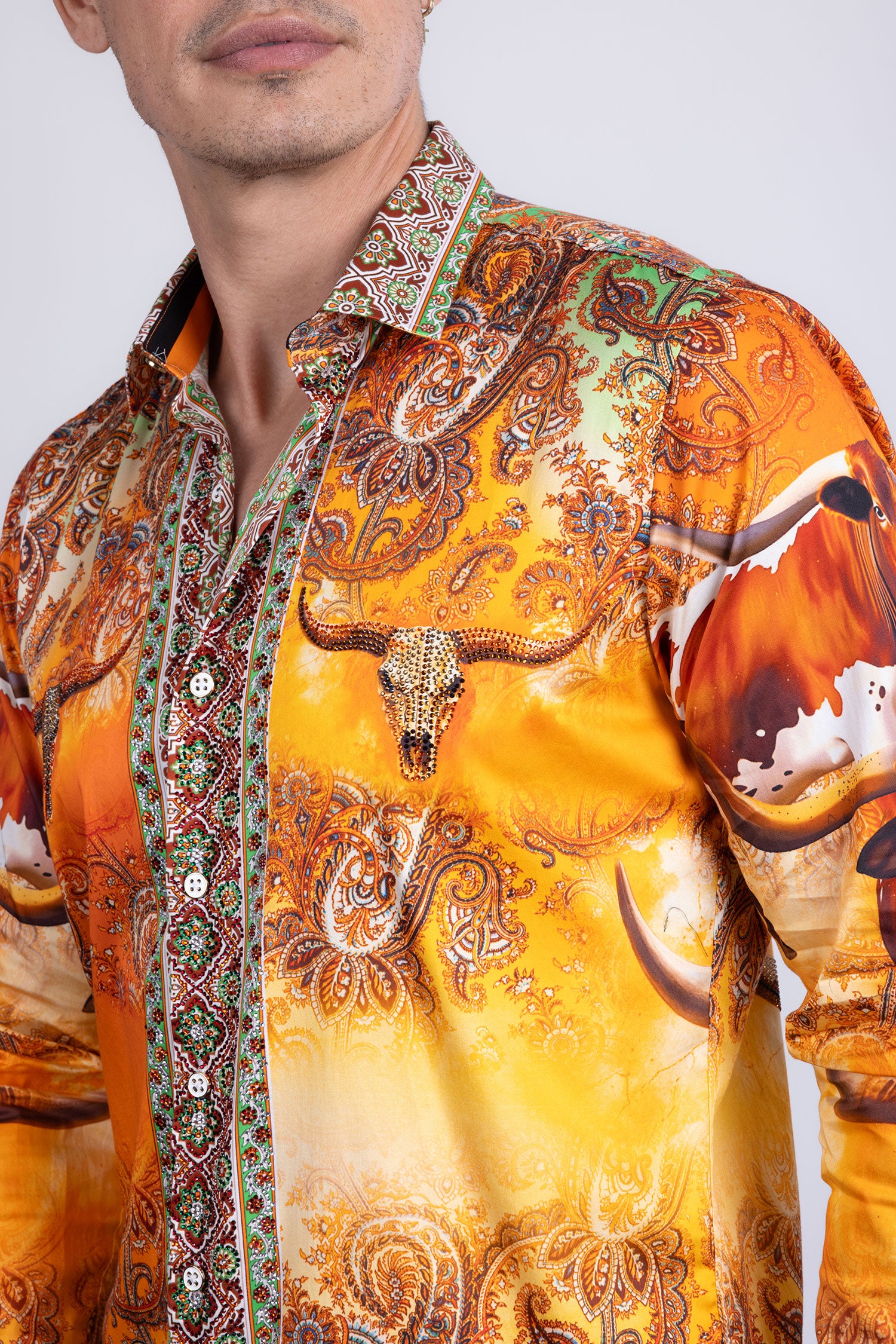 Barabas Men's Rhinestones Animal Paisley Long Sleeve Shirts 5SPR12 Yellow