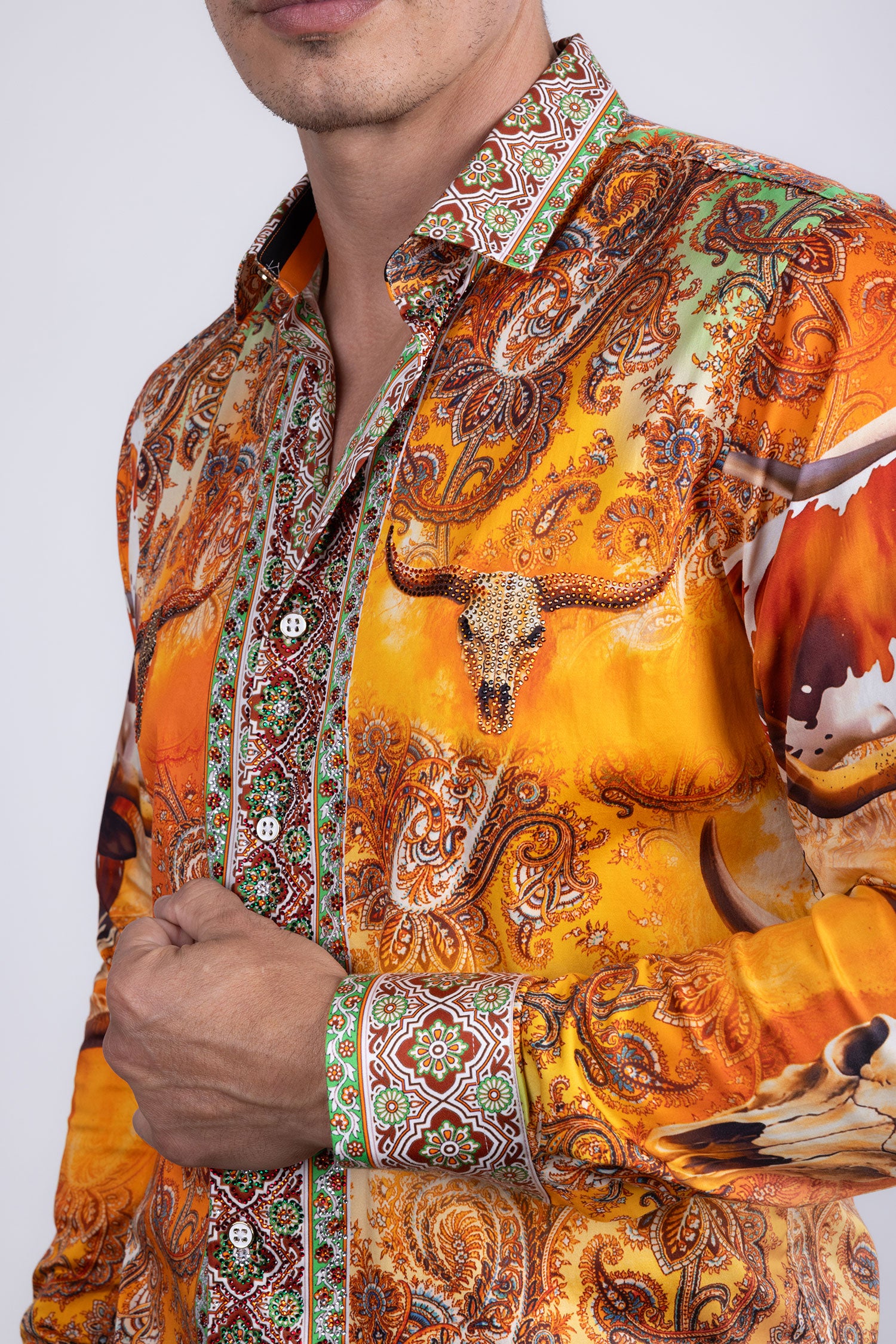 Barabas Men's Rhinestones Animal Paisley Long Sleeve Shirts 5SPR12 Yellow