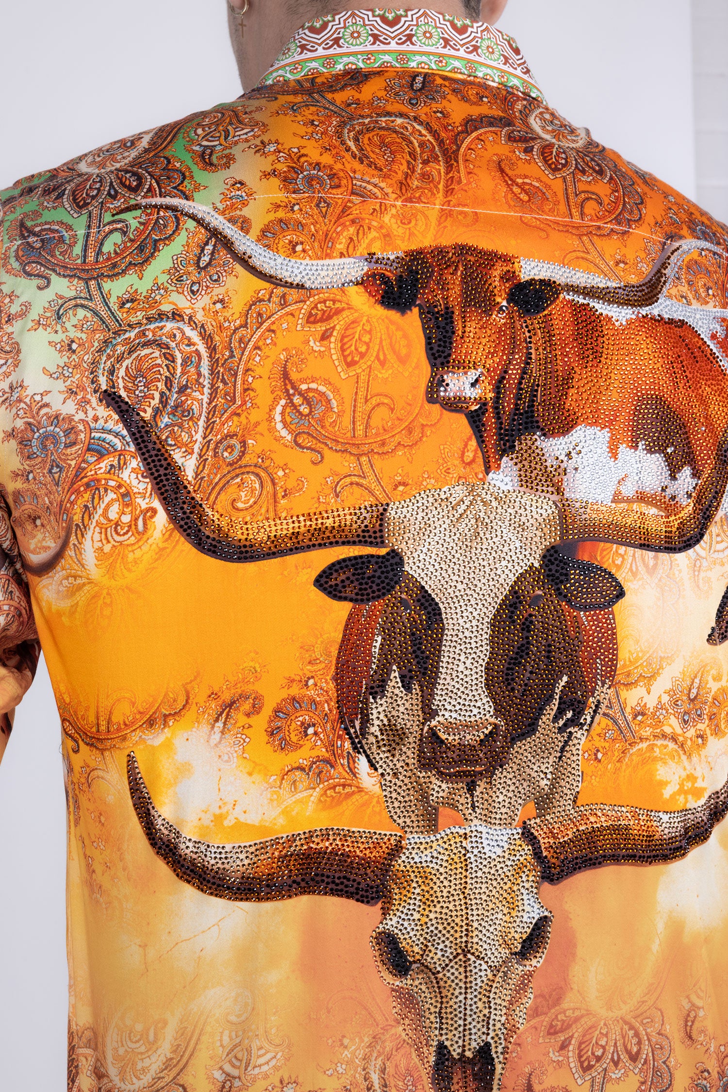 Barabas Men's Rhinestones Animal Paisley Long Sleeve Shirts 5SPR12 Yellow