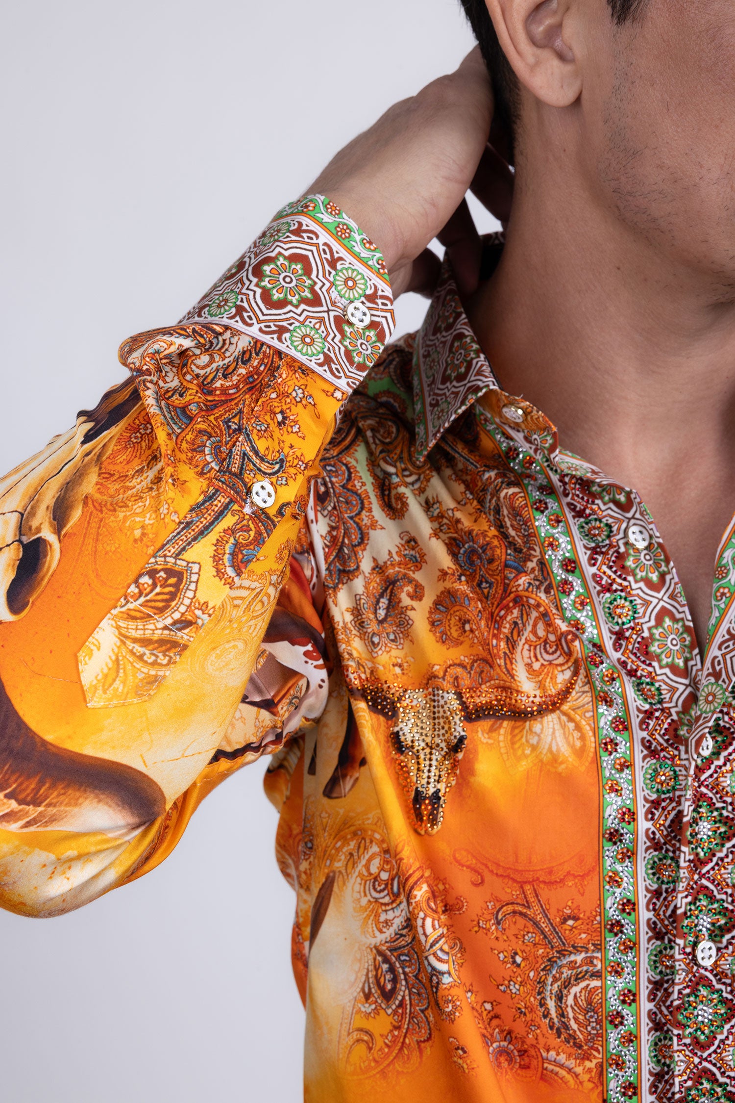 Barabas Men's Rhinestones Animal Paisley Long Sleeve Shirts 5SPR12 Yellow