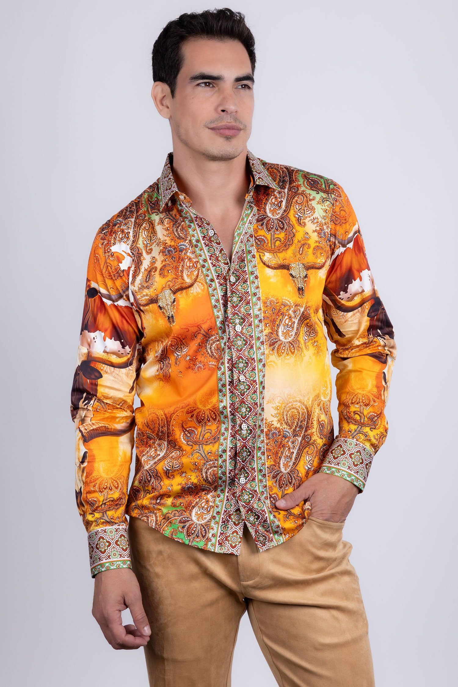 Barabas Men's Rhinestones Animal Paisley Long Sleeve Shirts 5SPR12 Multicolored