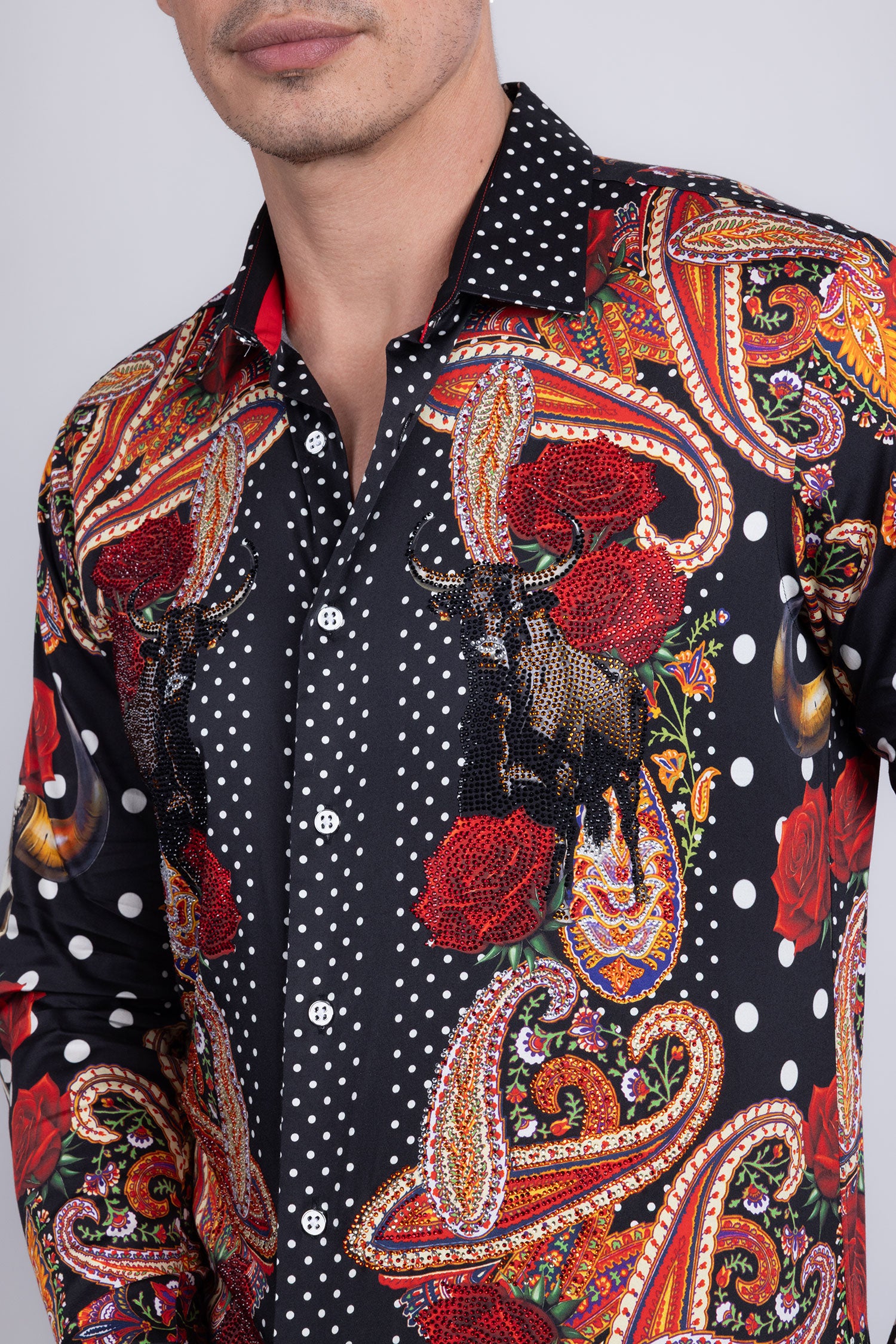Barabas Men's Rhinestones Floral Bull Skull Long Sleeve Shirts 5SPR13 Black