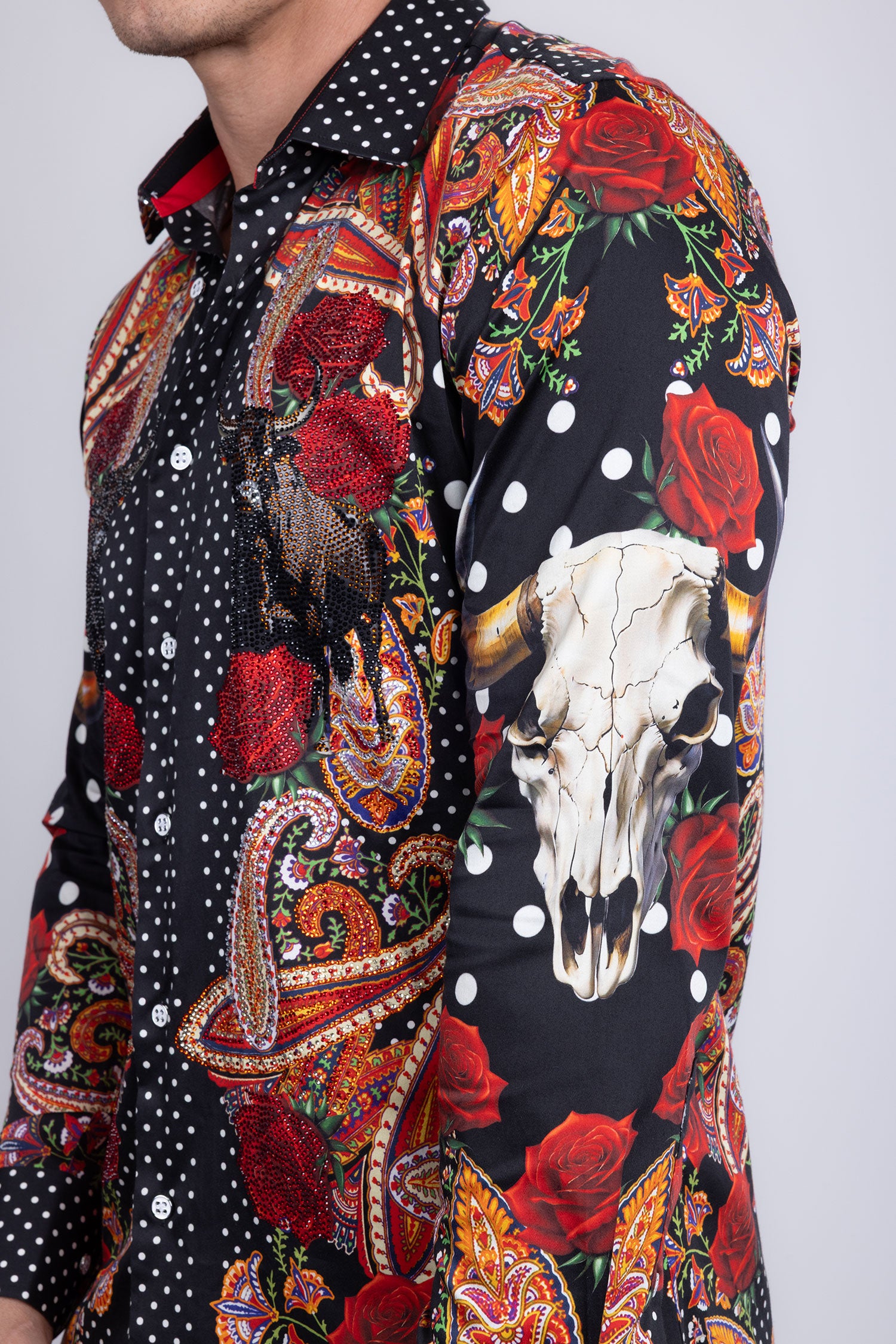Barabas Men's Rhinestones Floral Bull Skull Long Sleeve Shirts 5SPR13 Black
