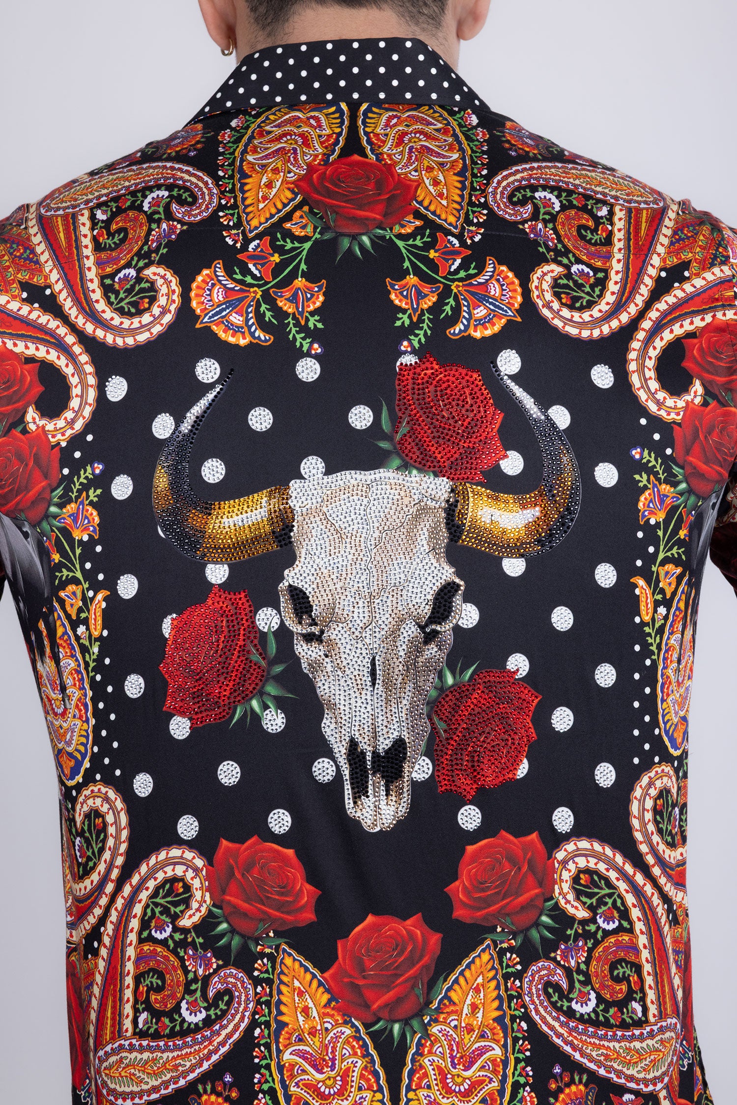 Barabas Men's Rhinestones Floral Bull Skull Long Sleeve Shirts 5SPR13 Black