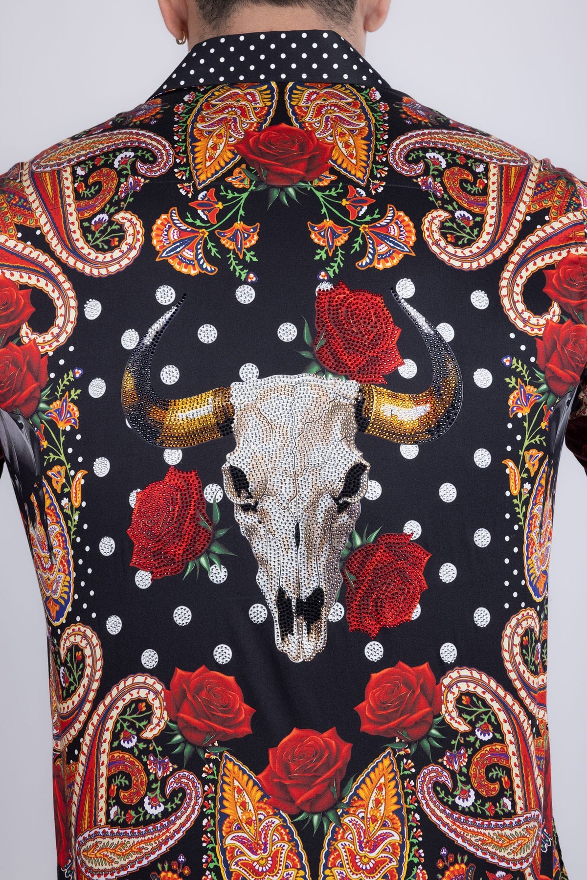 Barabas Men's Rhinestones Floral Bull Skull Long Sleeve Shirts 5SPR13 Black