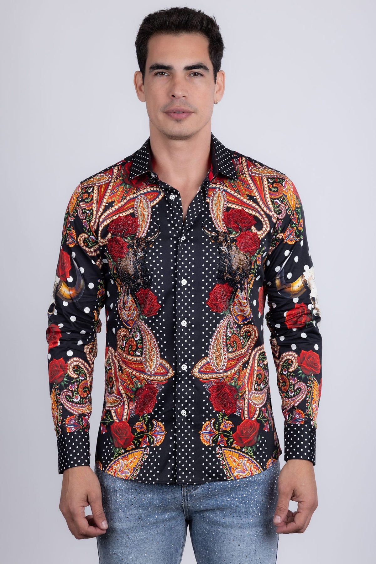Barabas Men's Rhinestones Floral Bull Skull Long Sleeve Shirts 5SPR13 Black