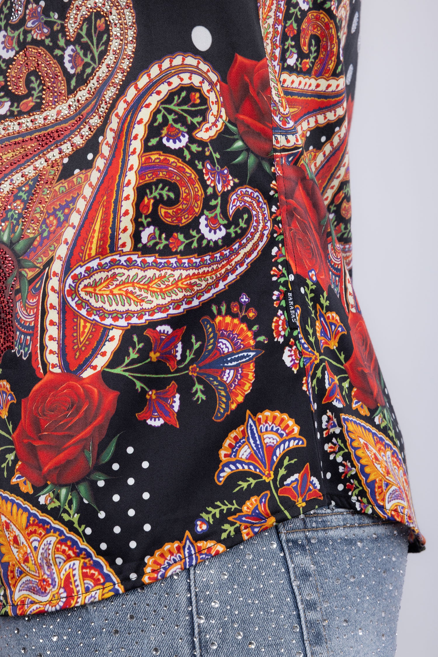 Barabas Men's Rhinestones Floral Bull Skull Long Sleeve Shirts 5SPR13 Red