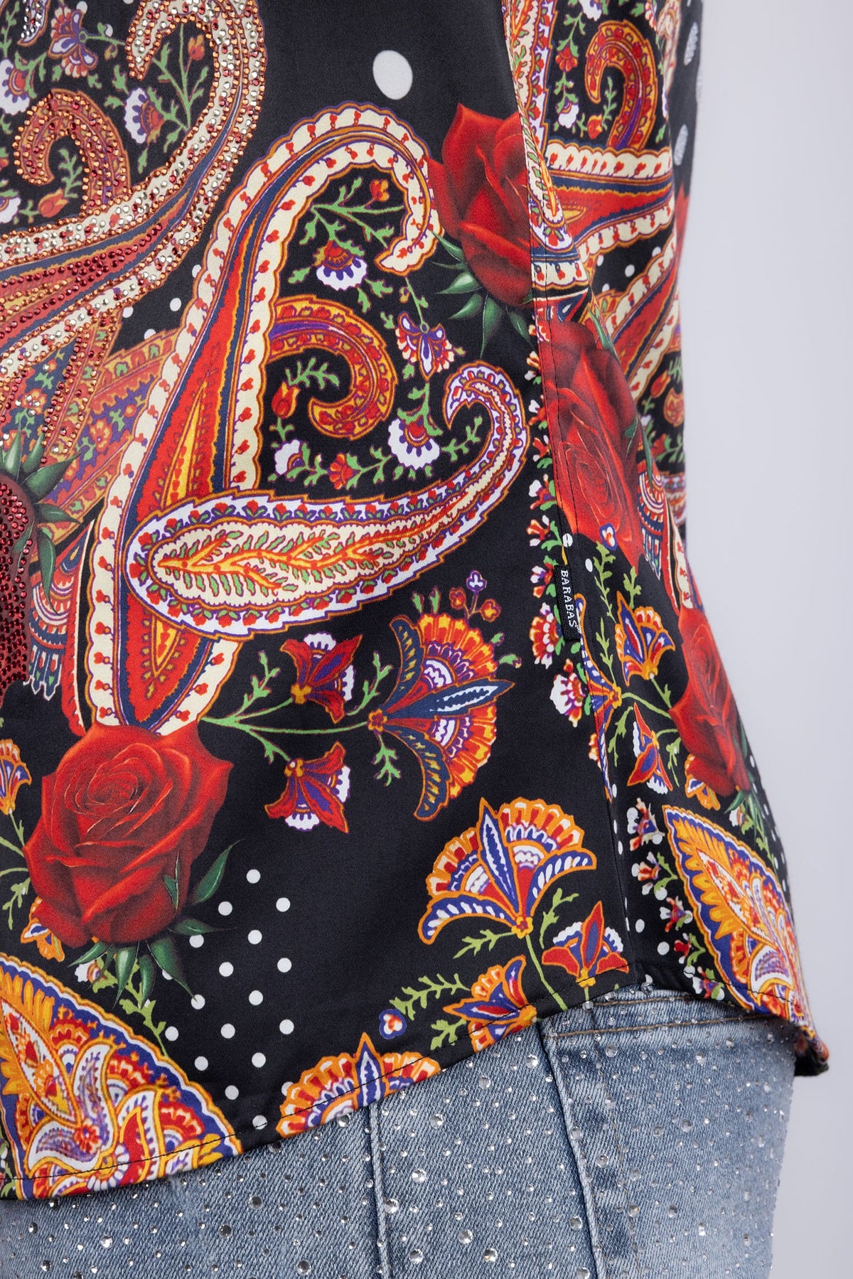 Barabas Men's Rhinestones Floral Bull Skull Long Sleeve Shirts 5SPR13 Red
