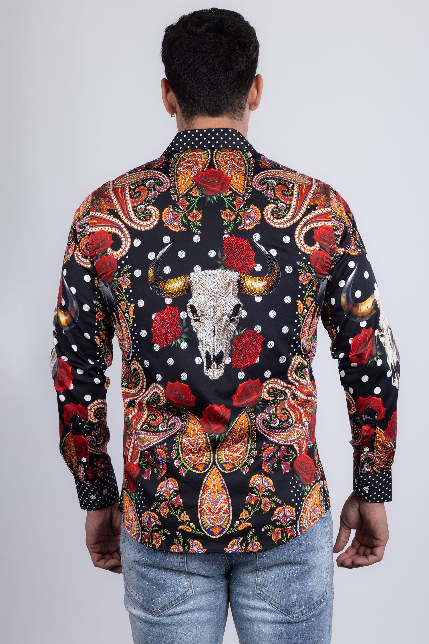 Barabas Men's Rhinestones Floral Bull Skull Long Sleeve Shirts 5SPR13 Black
