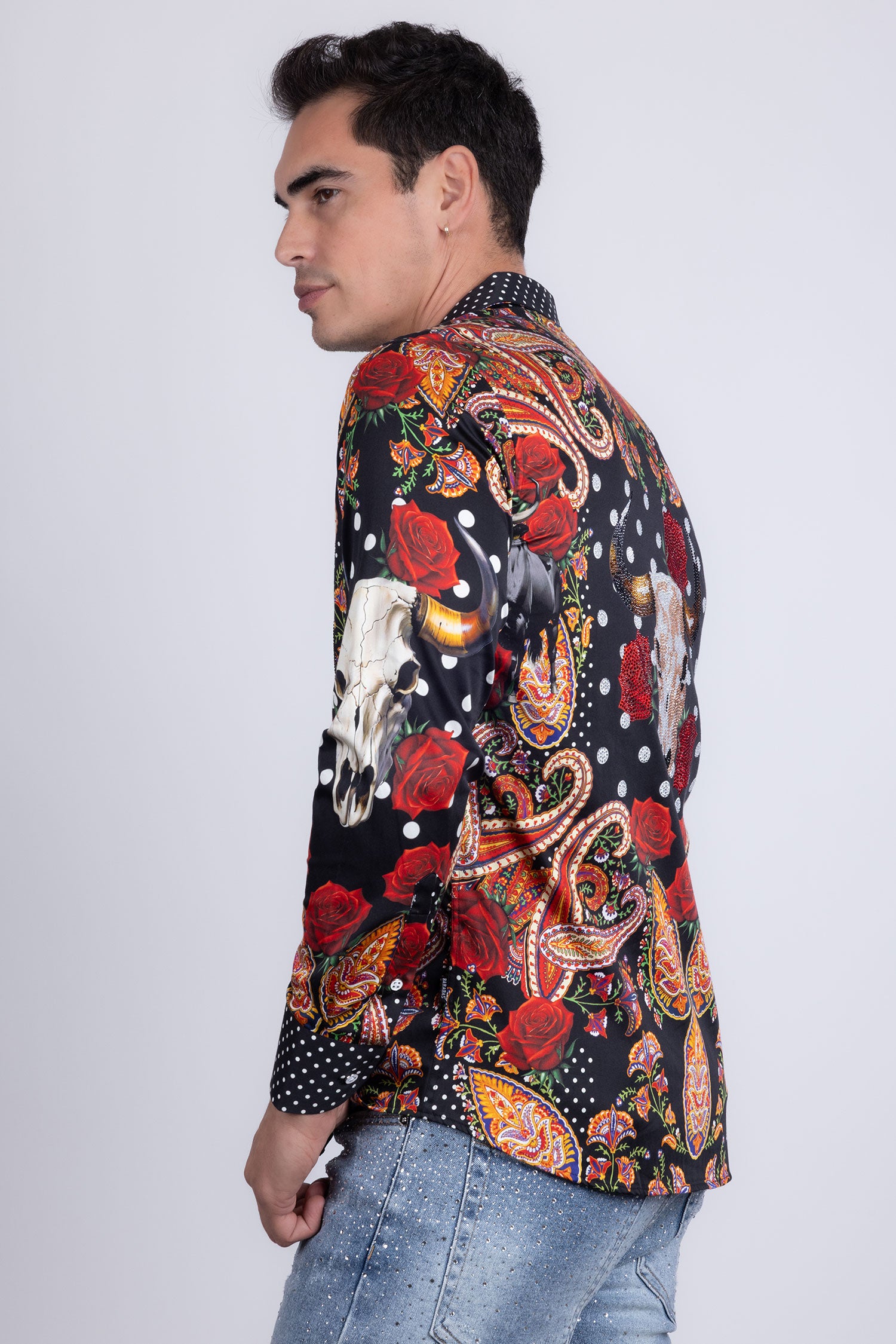 Barabas Men's Rhinestones Floral Bull Skull Long Sleeve Shirts 5SPR13 Black