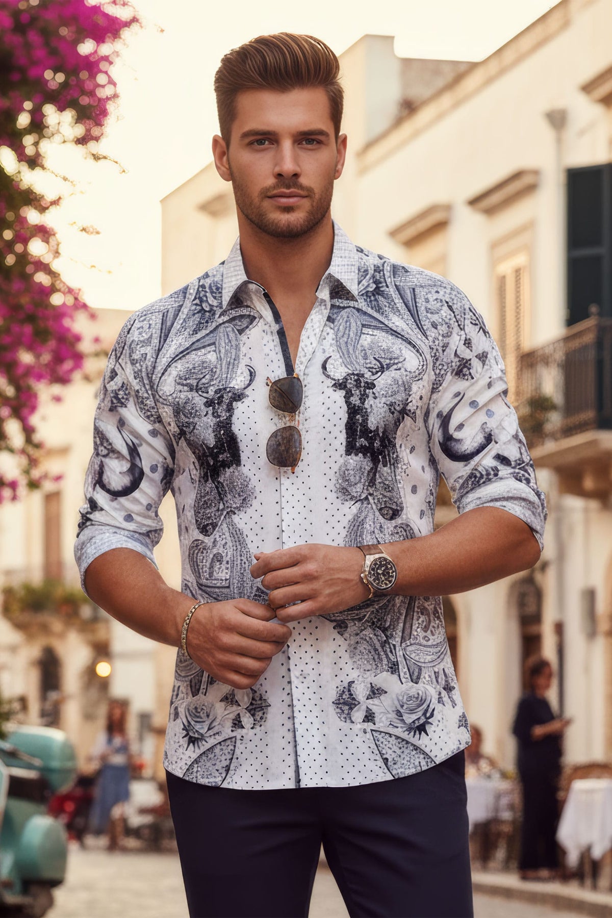 Barabas Men's Rhinestones Floral Bull Skull Long Sleeve Shirts 5SPR13 White