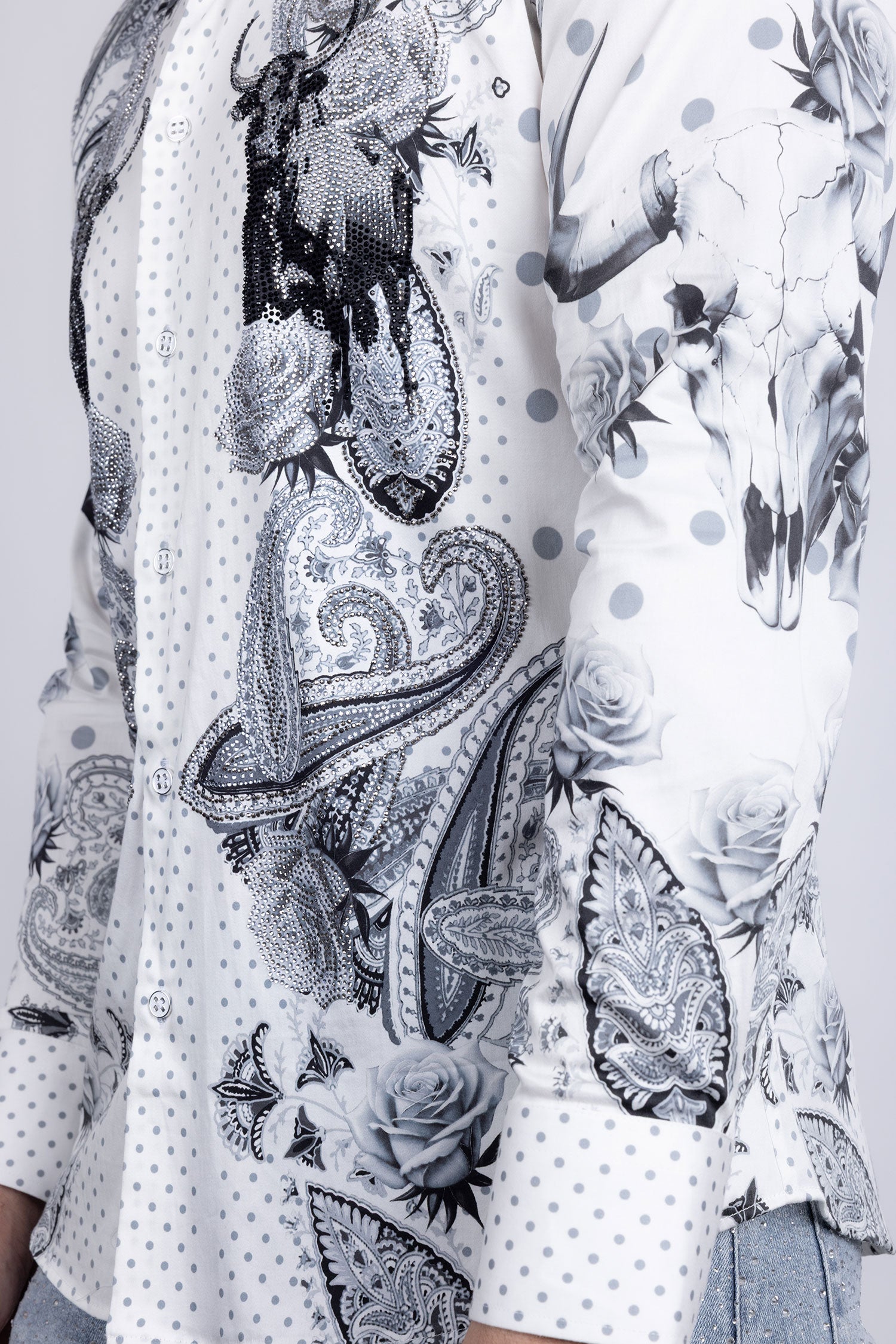 Barabas Men's Rhinestones Floral Bull Skull Long Sleeve Shirts 5SPR13 White