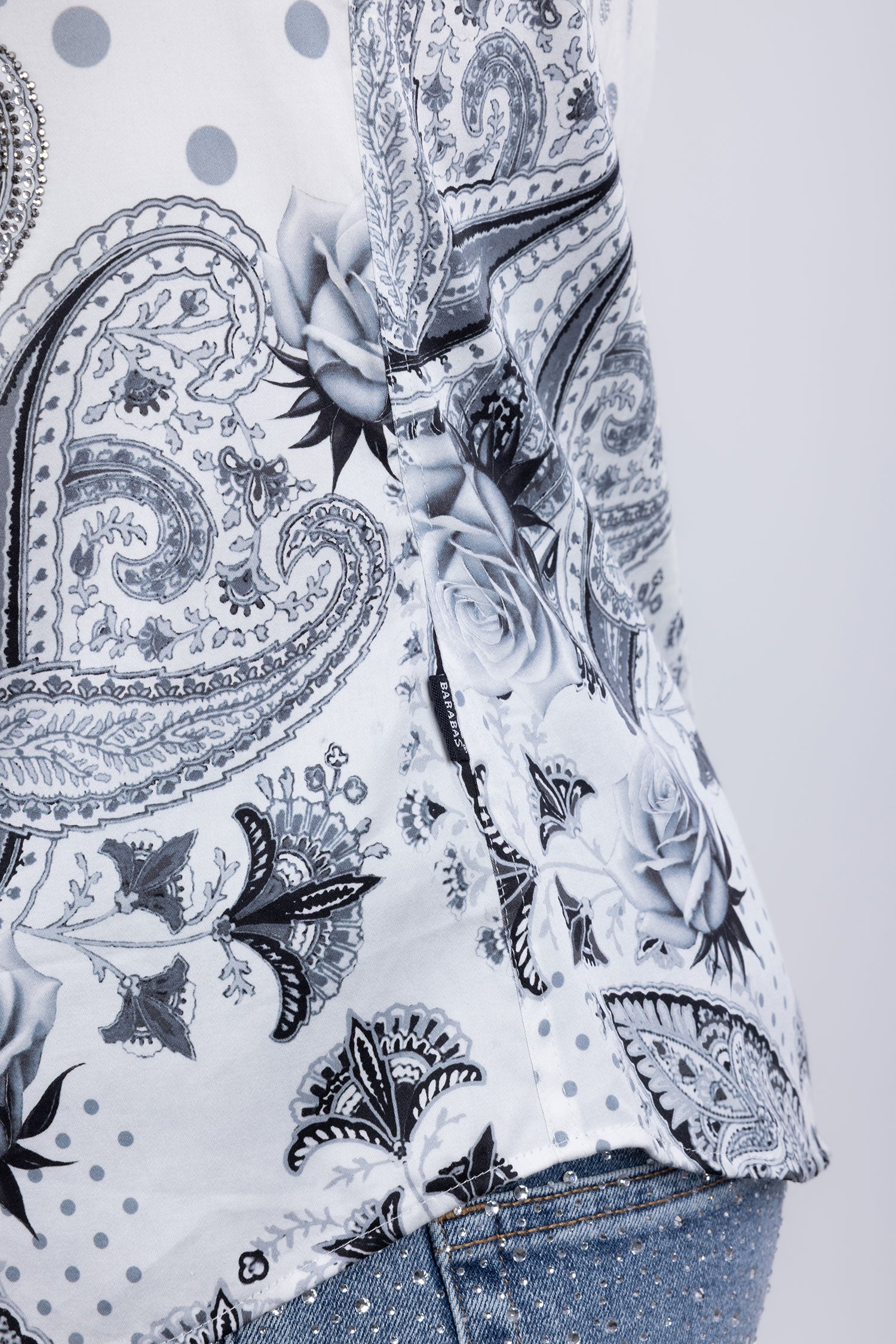 Barabas Men's Rhinestones Floral Bull Skull Long Sleeve Shirts 5SPR13 White