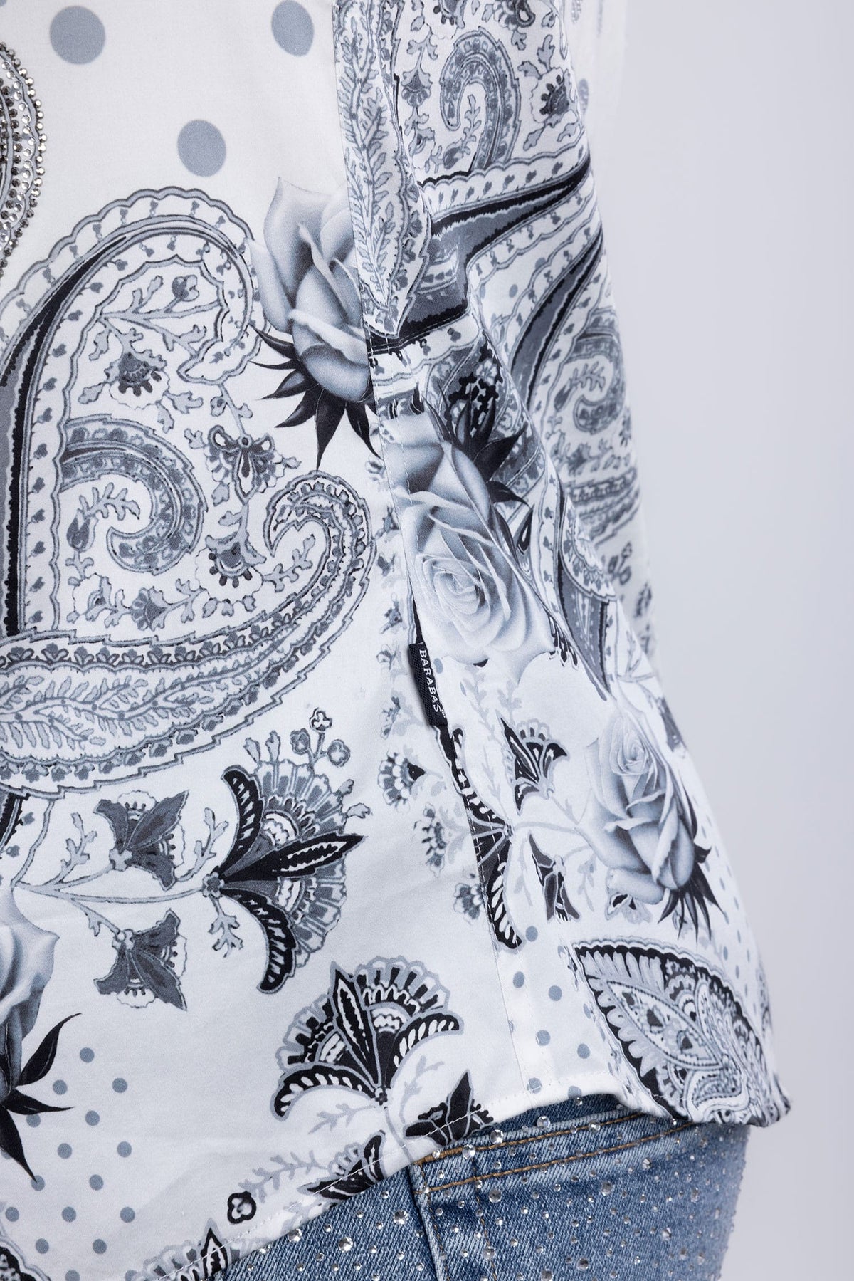 Barabas Men's Rhinestones Floral Bull Skull Long Sleeve Shirts 5SPR13 White