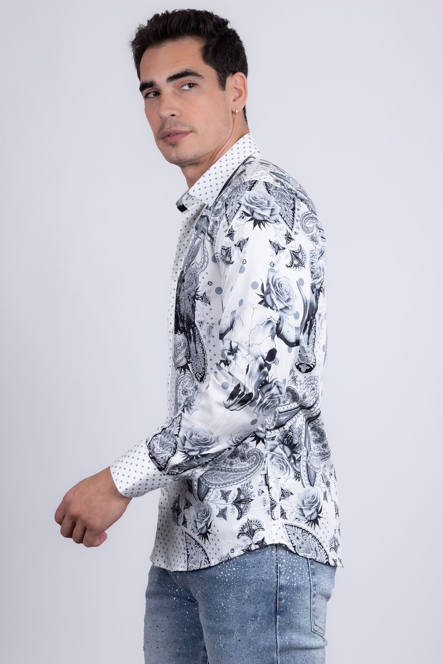 Barabas Men's Rhinestones Floral Bull Skull Long Sleeve Shirts 5SPR13 White