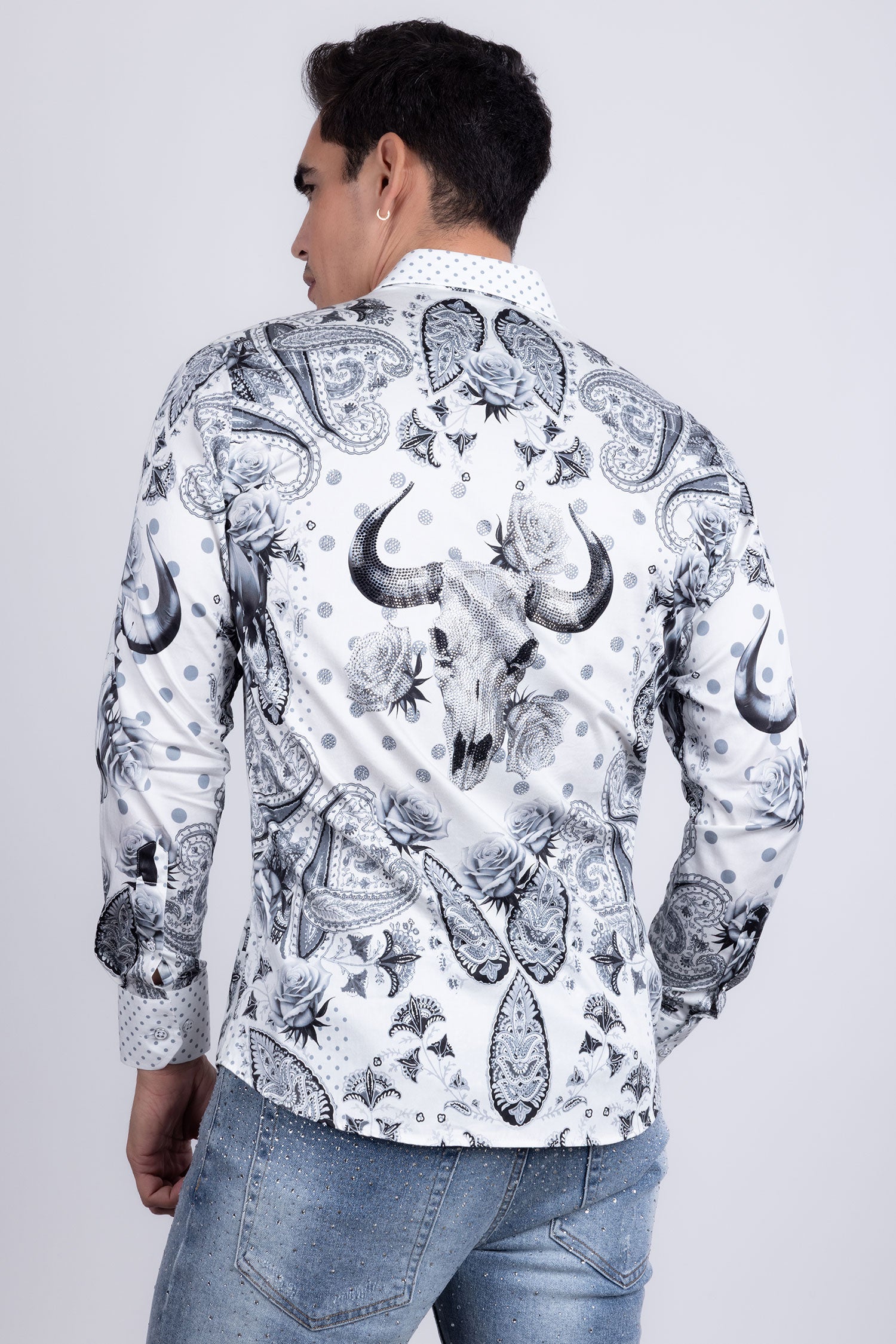 Barabas Men's Rhinestones Floral Bull Skull Long Sleeve Shirts 5SPR13 White
