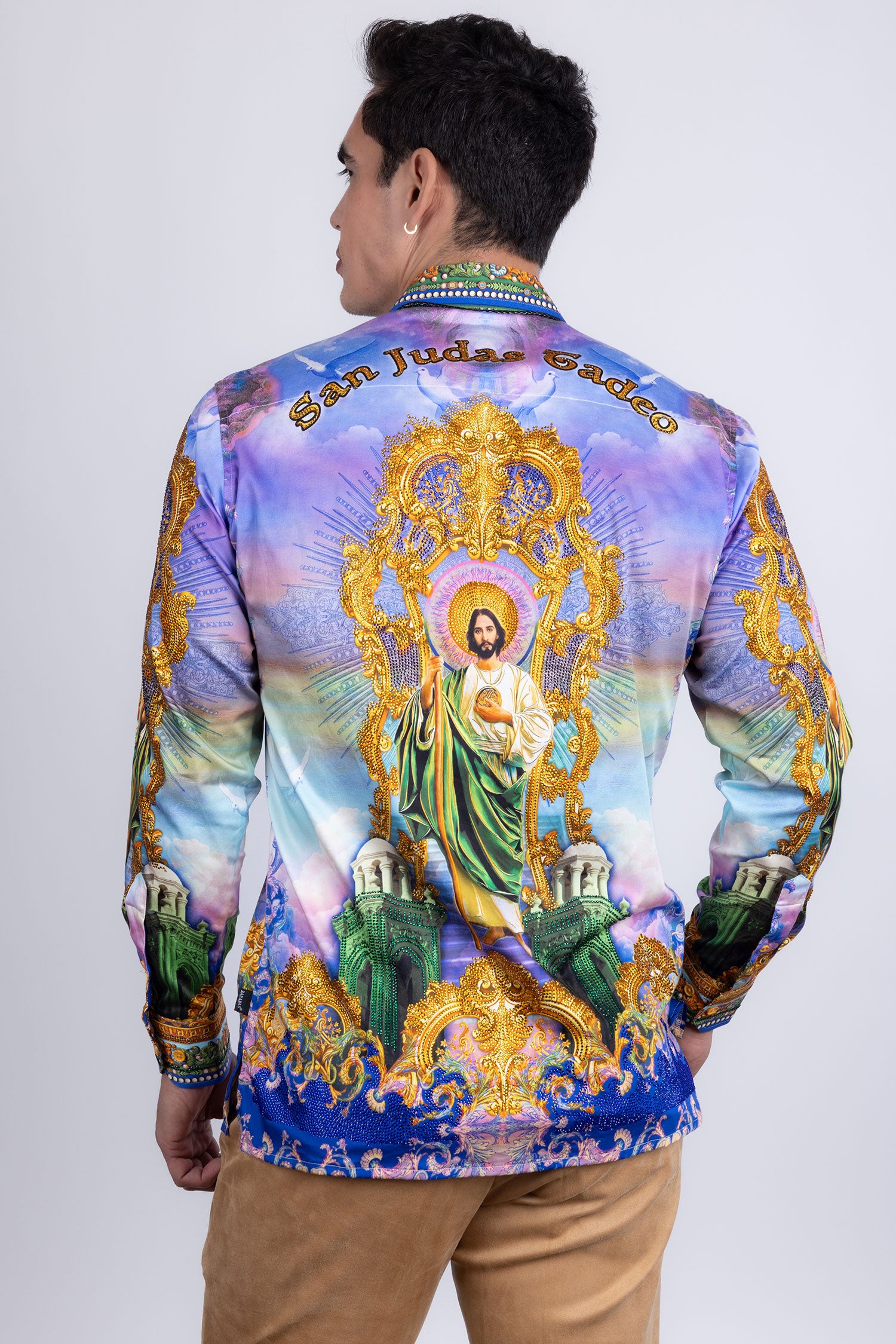 Barabas Men's Rhinestones Floral  Judas Tadeo Long Sleeve Shirt 5SPR14 Navy