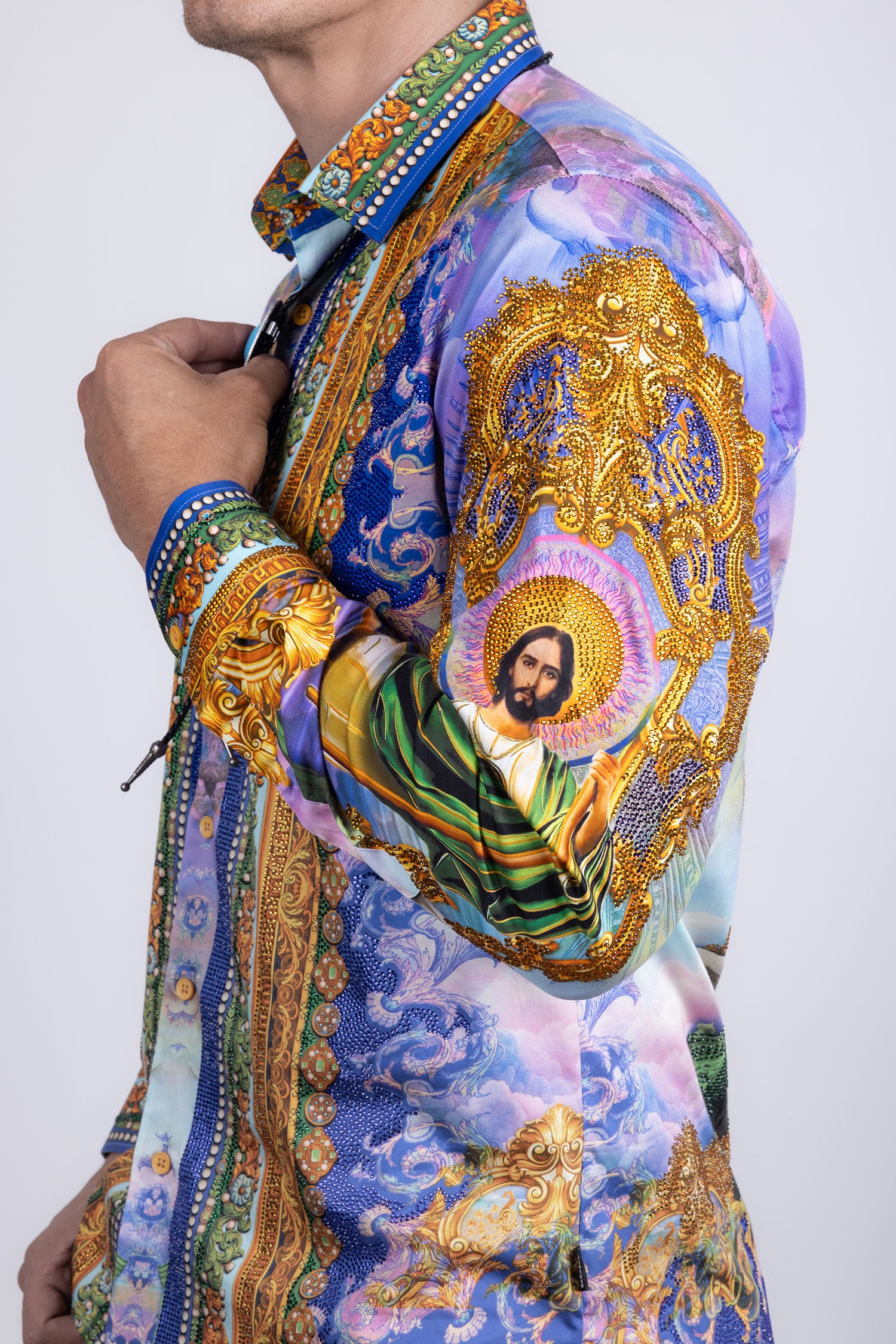 Barabas Men's Rhinestones Floral  Judas Tadeo Long Sleeve Shirt 5SPR14 Gold
