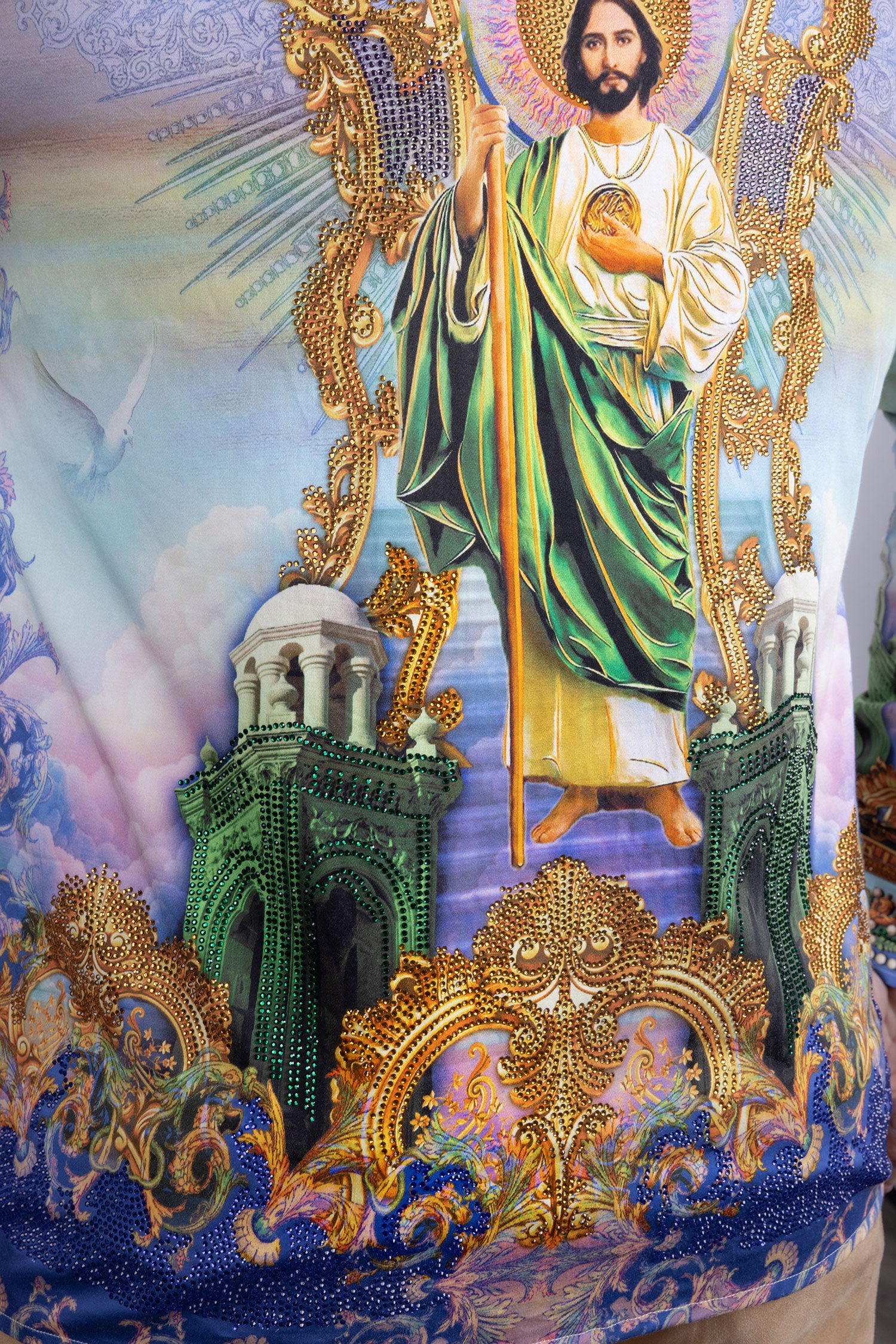 Barabas Men's Rhinestones Floral Judas Tadeo Long Sleeve Shirt 5SPR14 Green