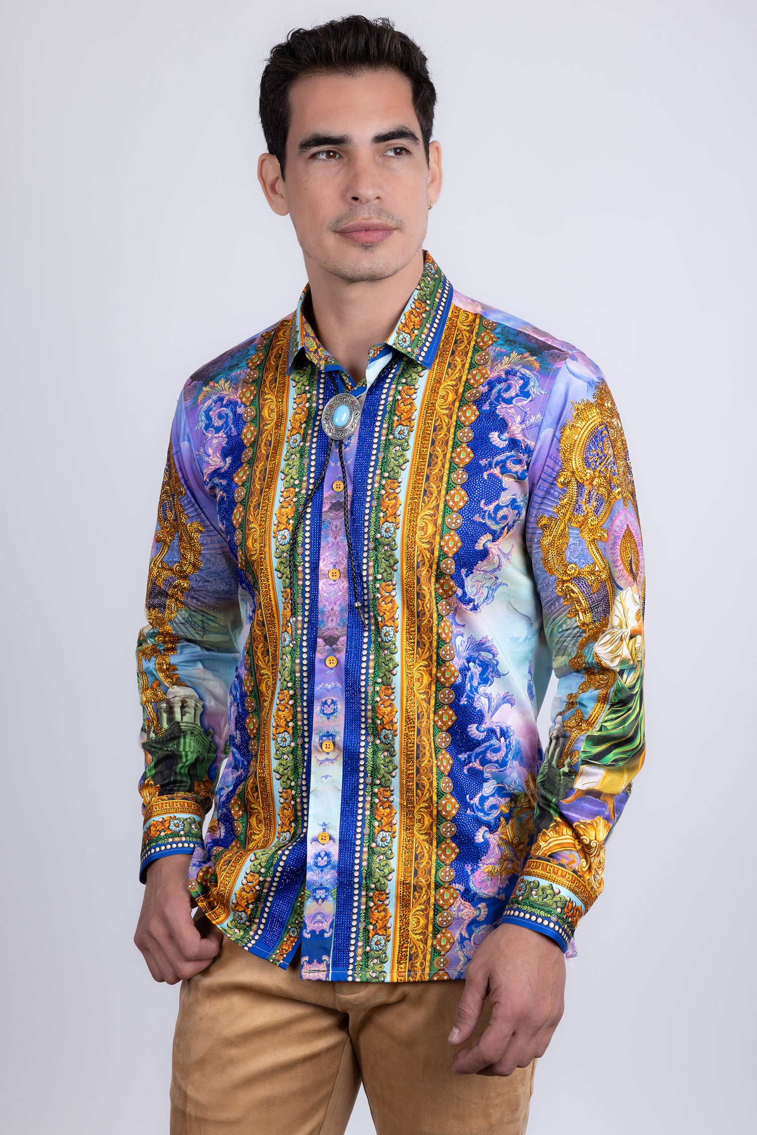 Barabas Men's Rhinestones Floral  Judas Tadeo Long Sleeve Shirt 5SPR14 Blue