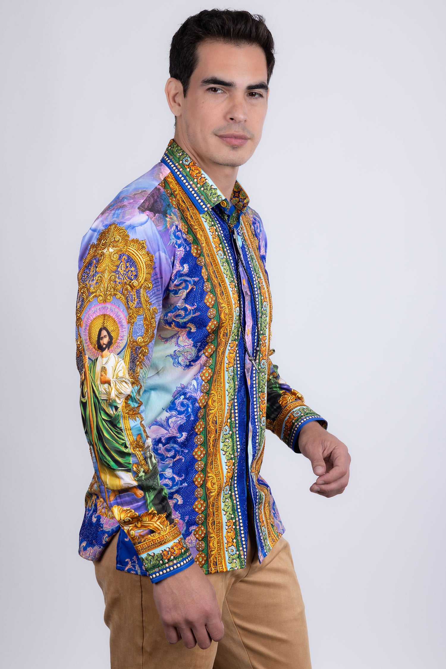 Barabas Men's Rhinestones Floral  Judas Tadeo Long Sleeve Shirt 5SPR14 Multi
