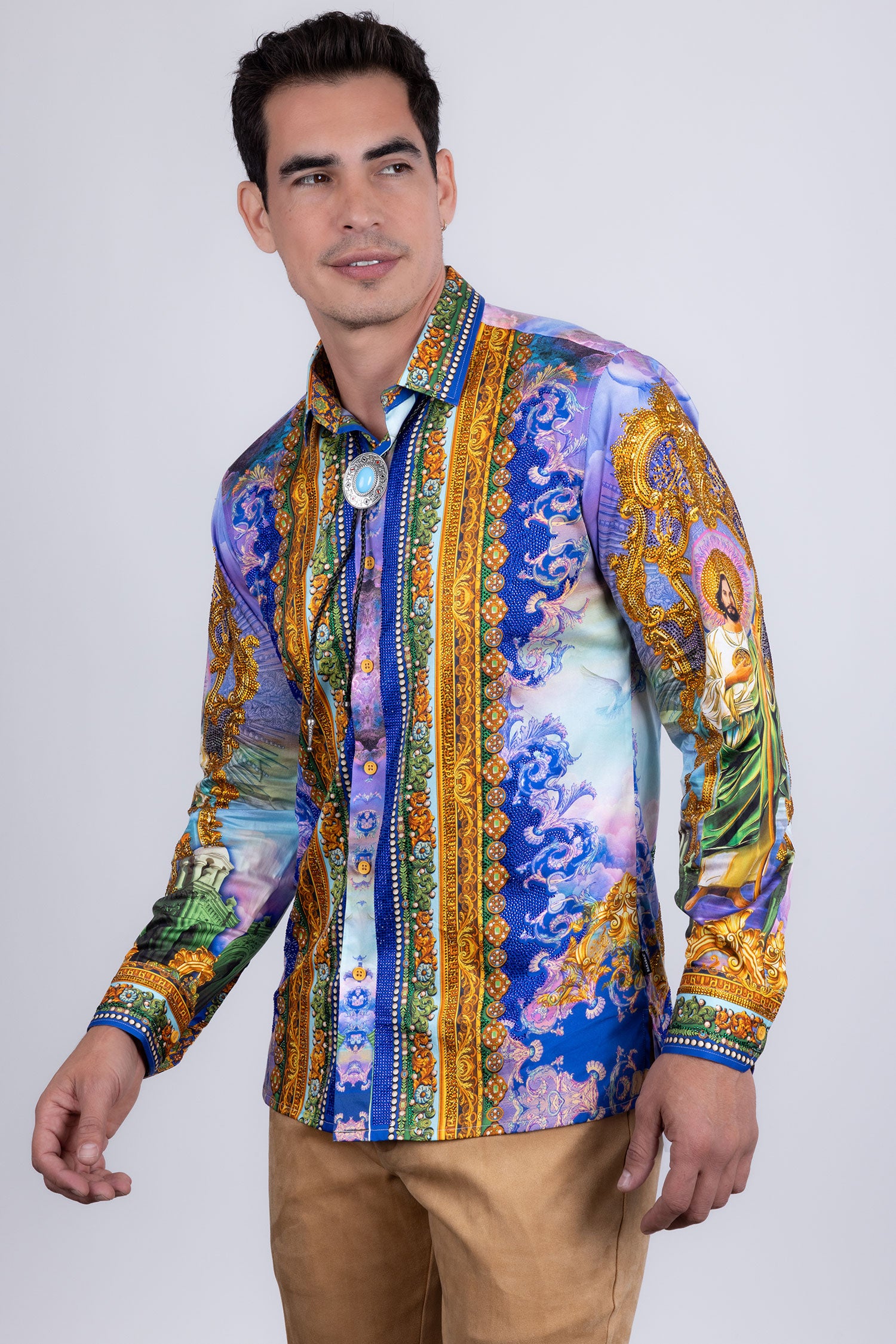 Barabas Men's Rhinestones Floral  Judas Tadeo Long Sleeve Shirt 5SPR14 Multi