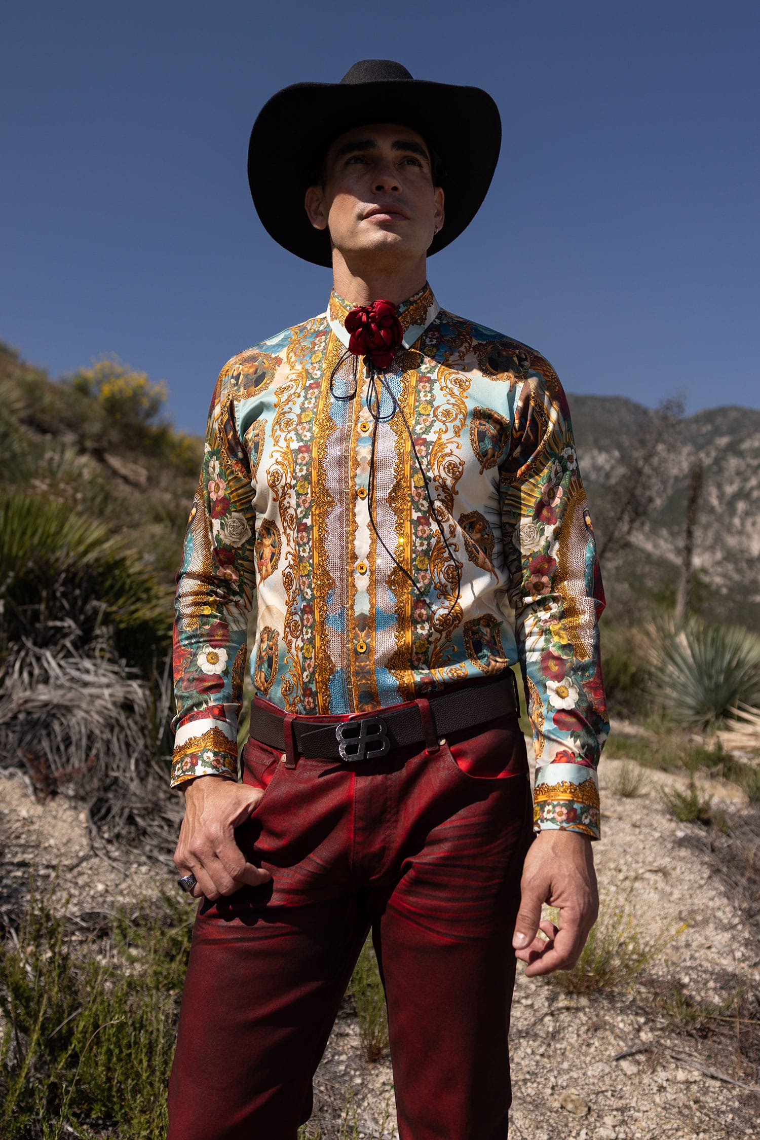 Barabas Men's Lady of Guadalupe Rhinestones Long Sleeve Shirts 5SPR15 Red