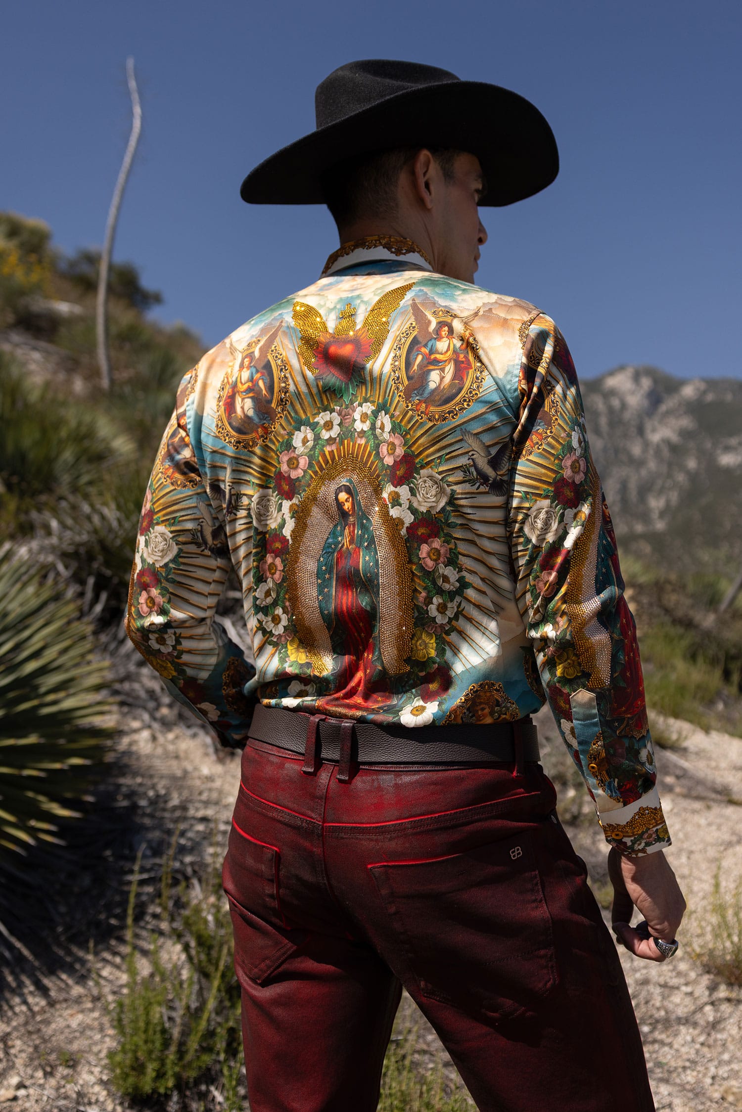 Barabas Men's Lady of Guadalupe Rhinestones Long Sleeve Shirts 5SPR15 Red