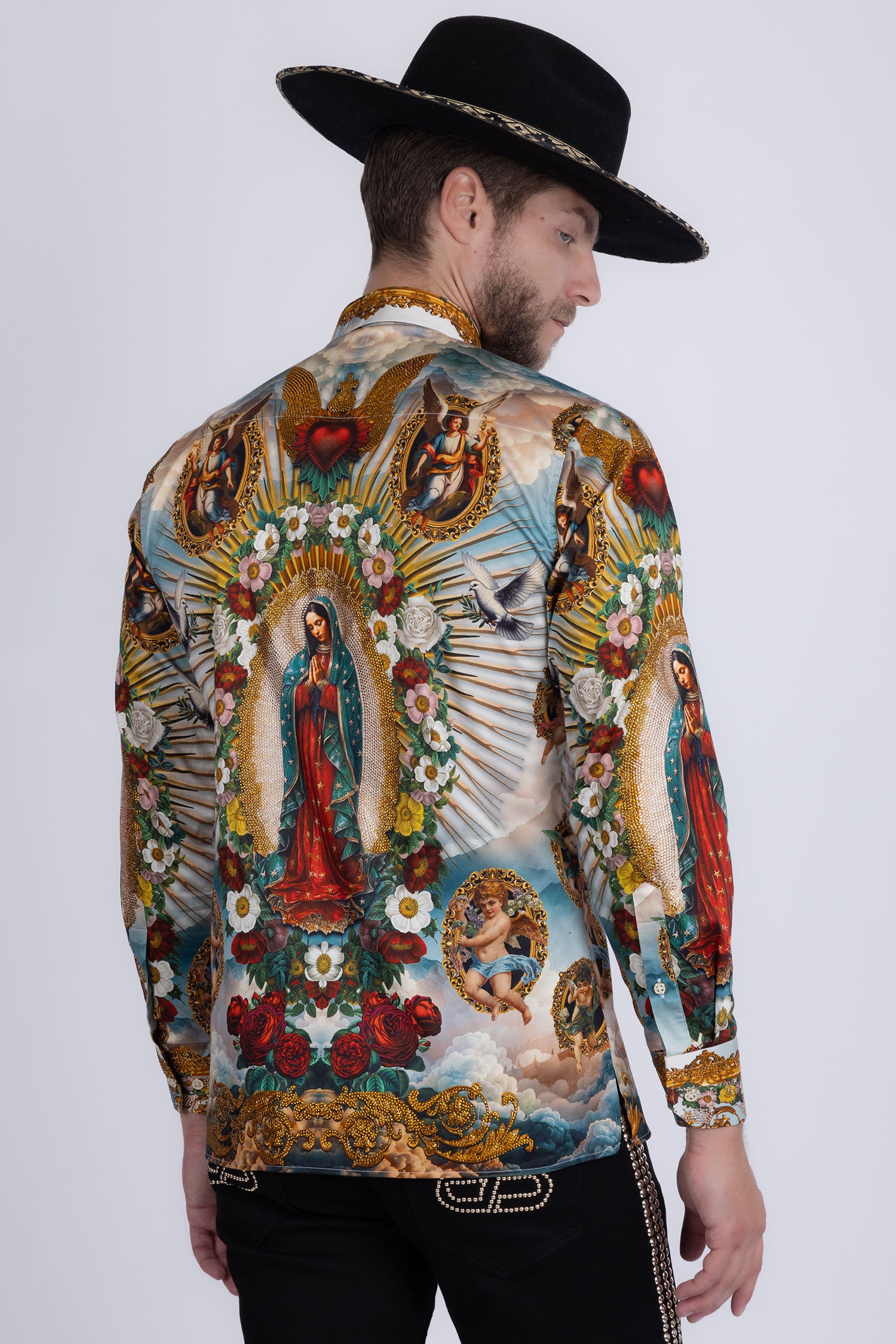 Barabas Men's Lady of Guadalupe Rhinestones Long Sleeve Shirts 5SPR15 Red