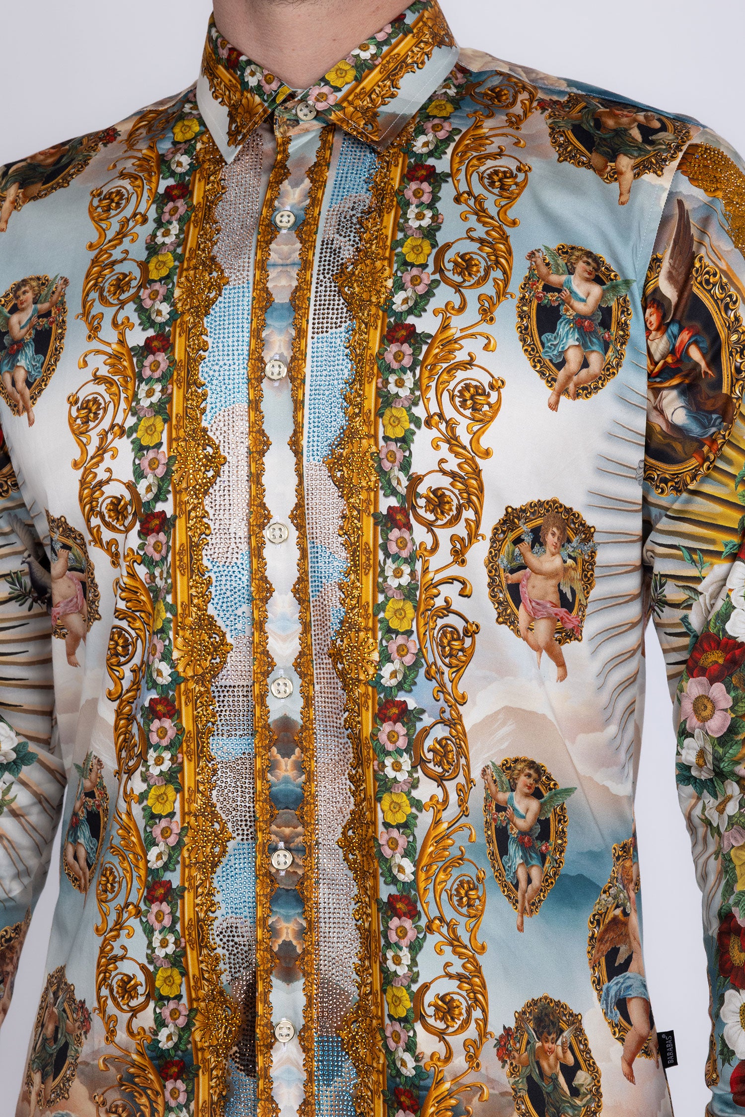 Barabas Men's Lady of Guadalupe Rhinestones Long Sleeve Shirts 5SPR15 Yellow