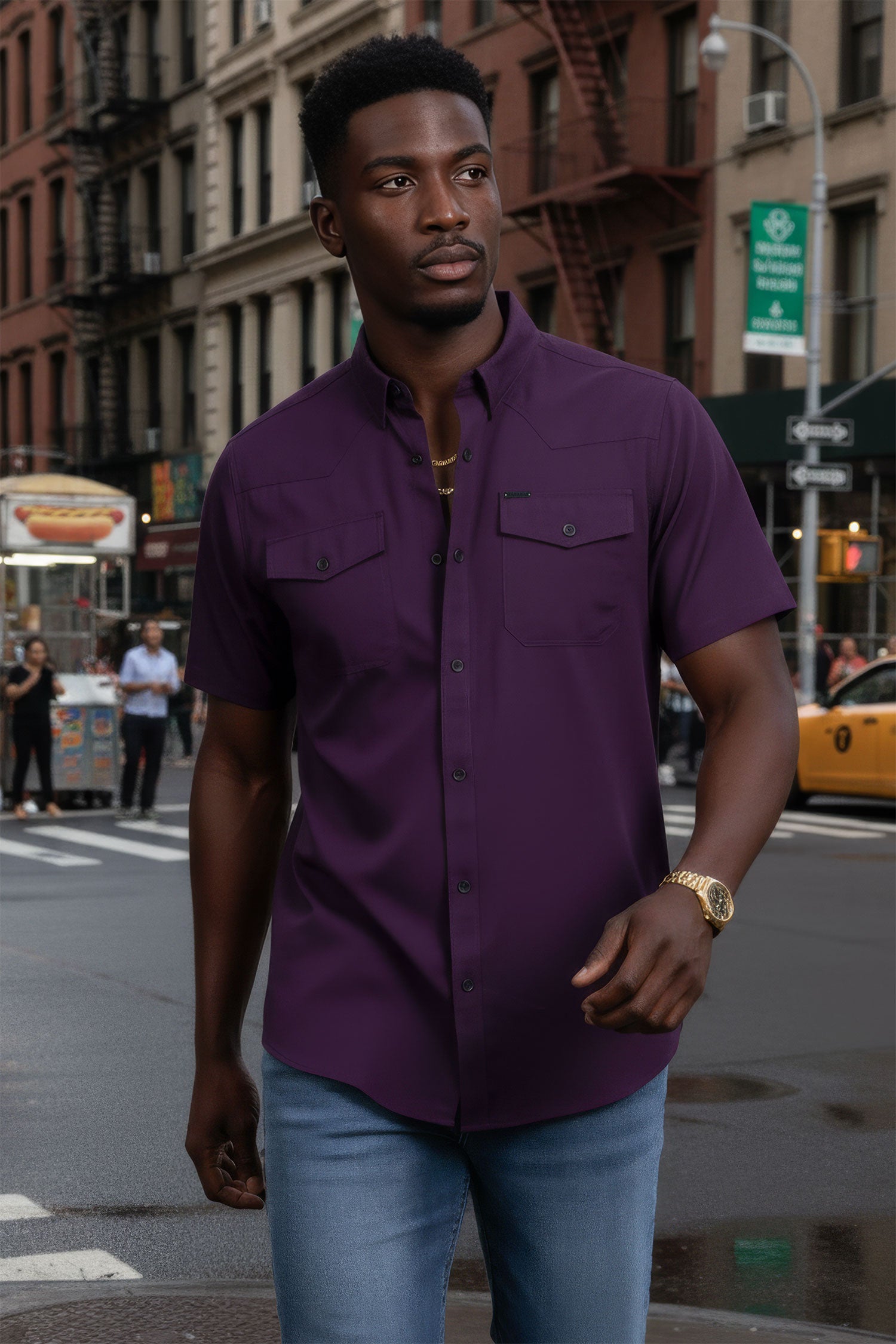 Barabas Men's Western Casual Solid Stretch Short Sleeve Shirt 5SST10 Purple