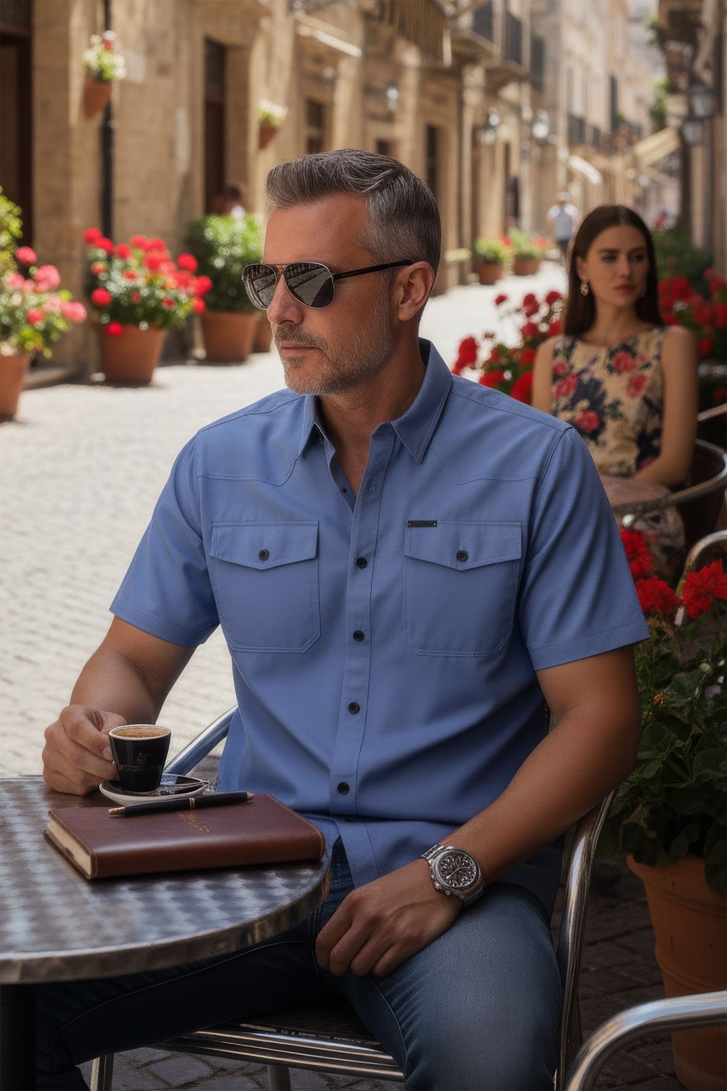 Barabas Men's Western Casual Solid Stretch Short Sleeve Shirt 5SST10 Sky Blue