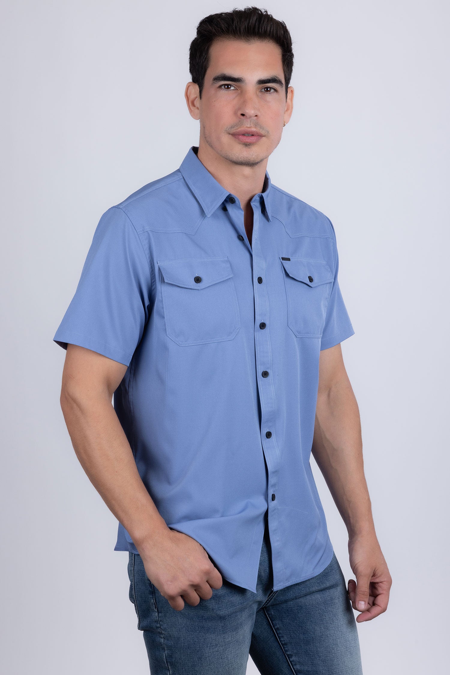 Barabas Men's Western Casual Solid Stretch Short Sleeve Shirt 5SST10 Sky Blue