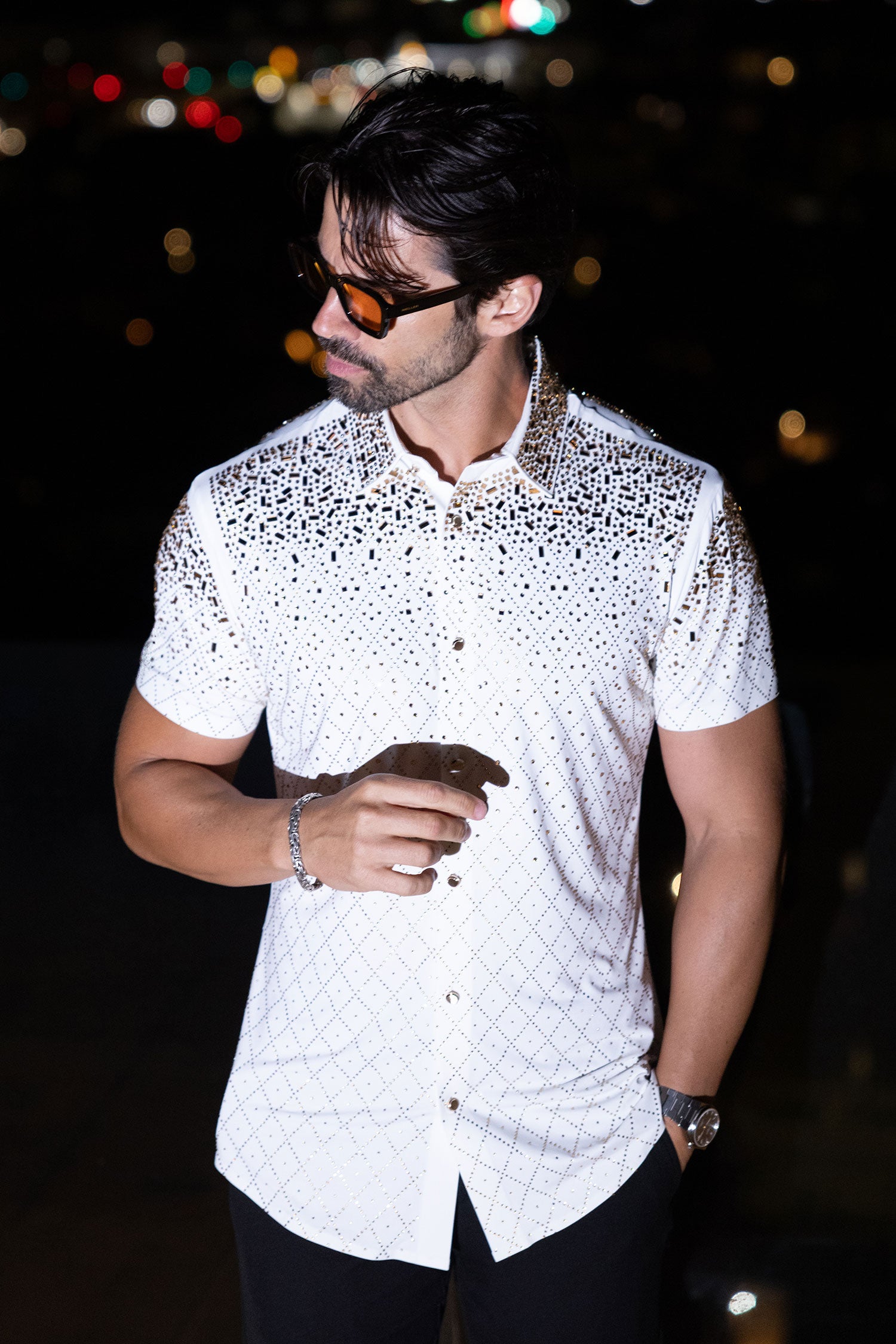 Barabas Men's Rhinestone Geometric Stretch Short Sleeve Shirt 5SST20 White Gold