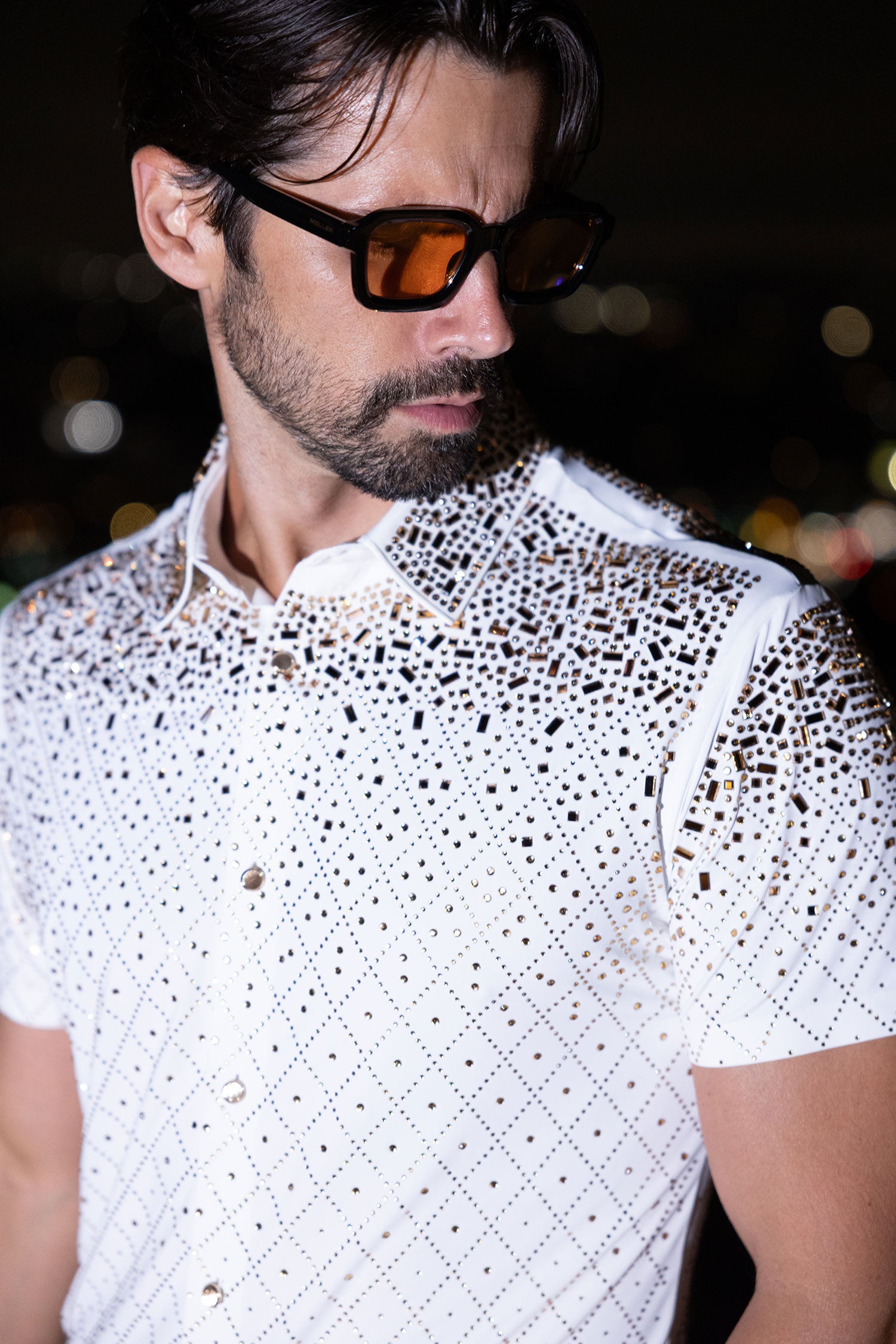 Barabas Men's Rhinestone Geometric Stretch Short Sleeve Shirt 5SST20 White Gold