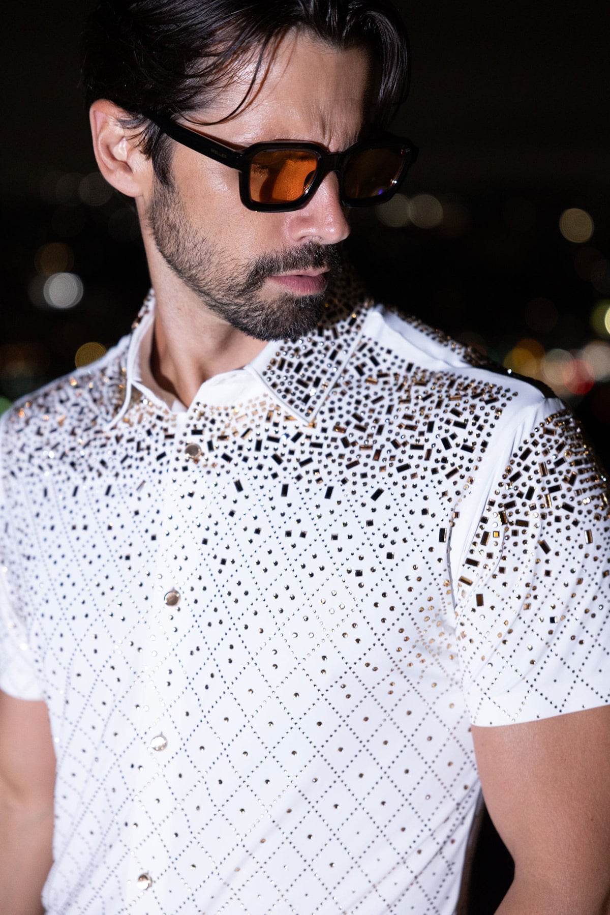 Barabas Men's Rhinestone Geometric Stretch Short Sleeve Shirt 5SST20 White Gold