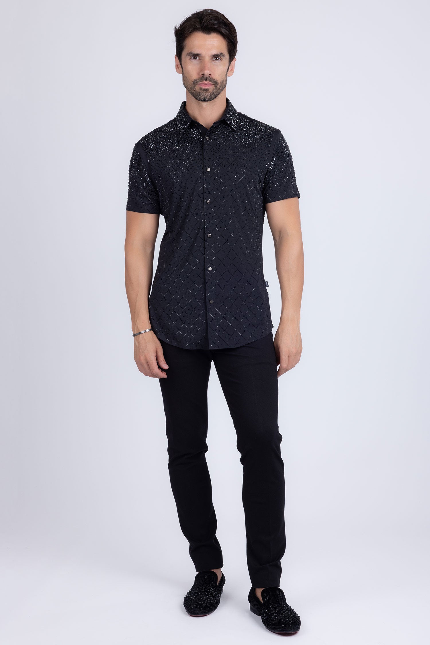 Barabas Men's Rhinestone Geometric Stretch Short Sleeve Shirt 5SST20 Black
