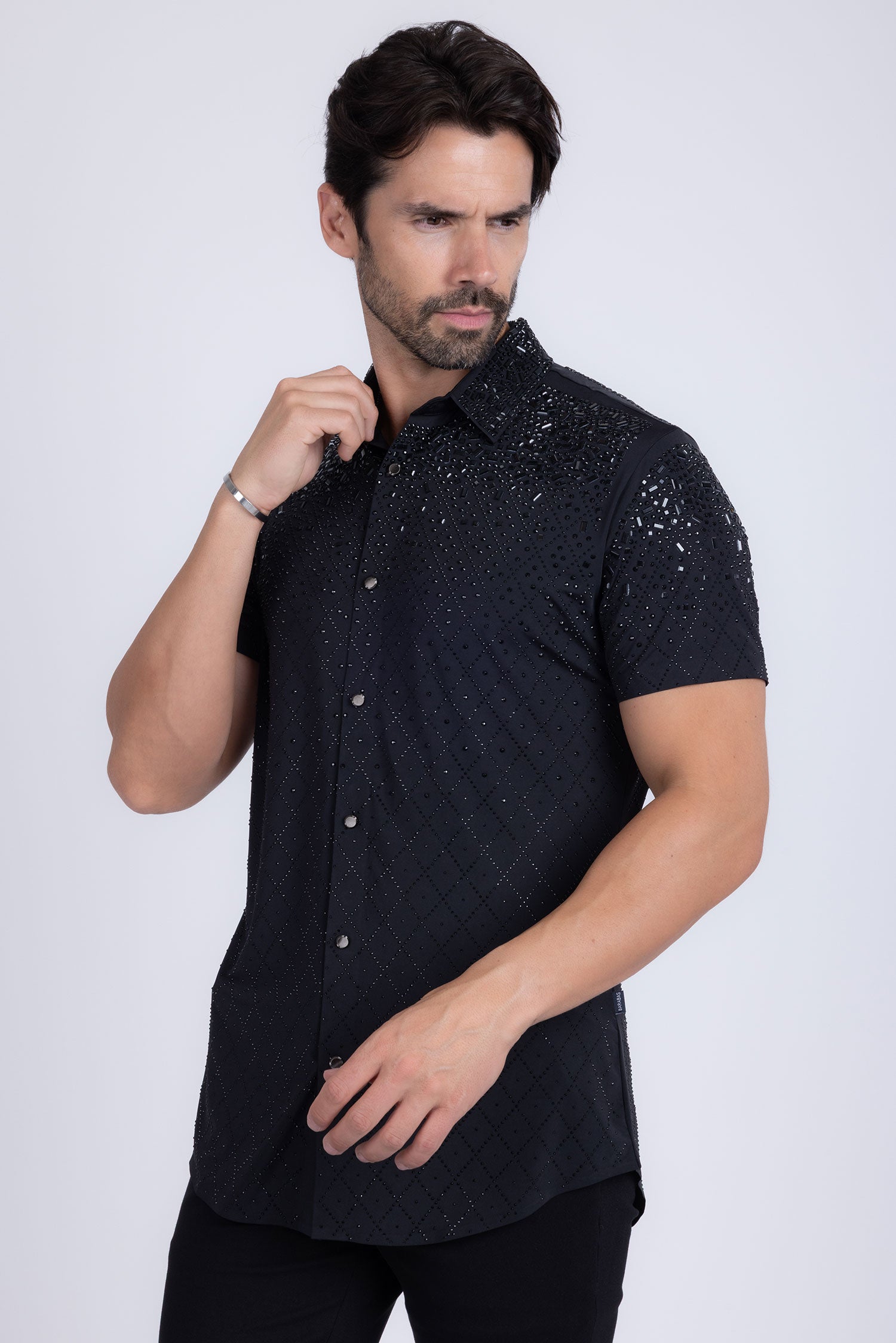 Barabas Men's Rhinestone Geometric Stretch Short Sleeve Shirt 5SST20 Black
