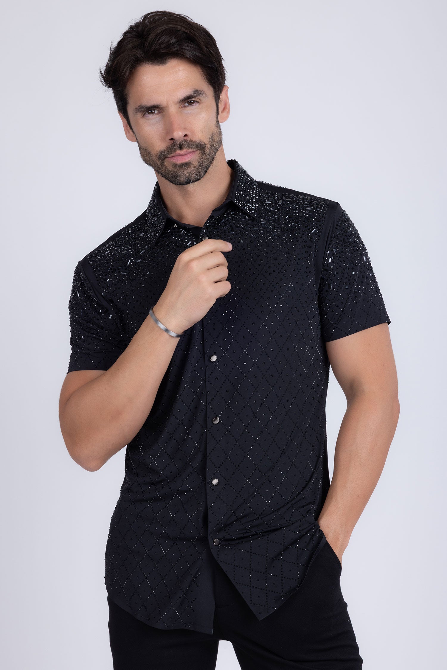 Barabas Men's Rhinestone Geometric Stretch Short Sleeve Shirt 5SST20 Black