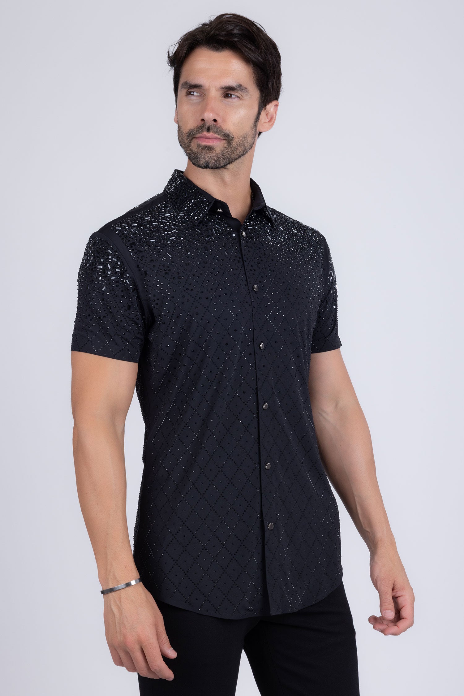 Barabas Men's Rhinestone Geometric Stretch Short Sleeve Shirt 5SST20 Black