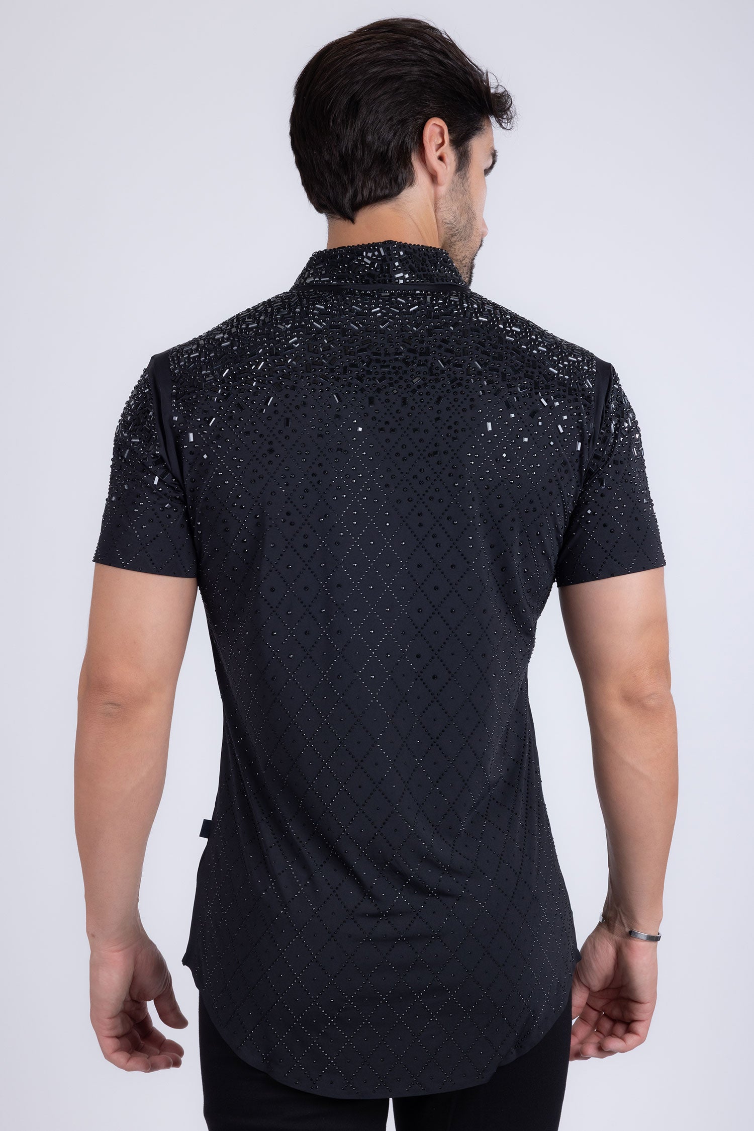 Barabas Men's Rhinestone Geometric Stretch Short Sleeve Shirt 5SST20 Black