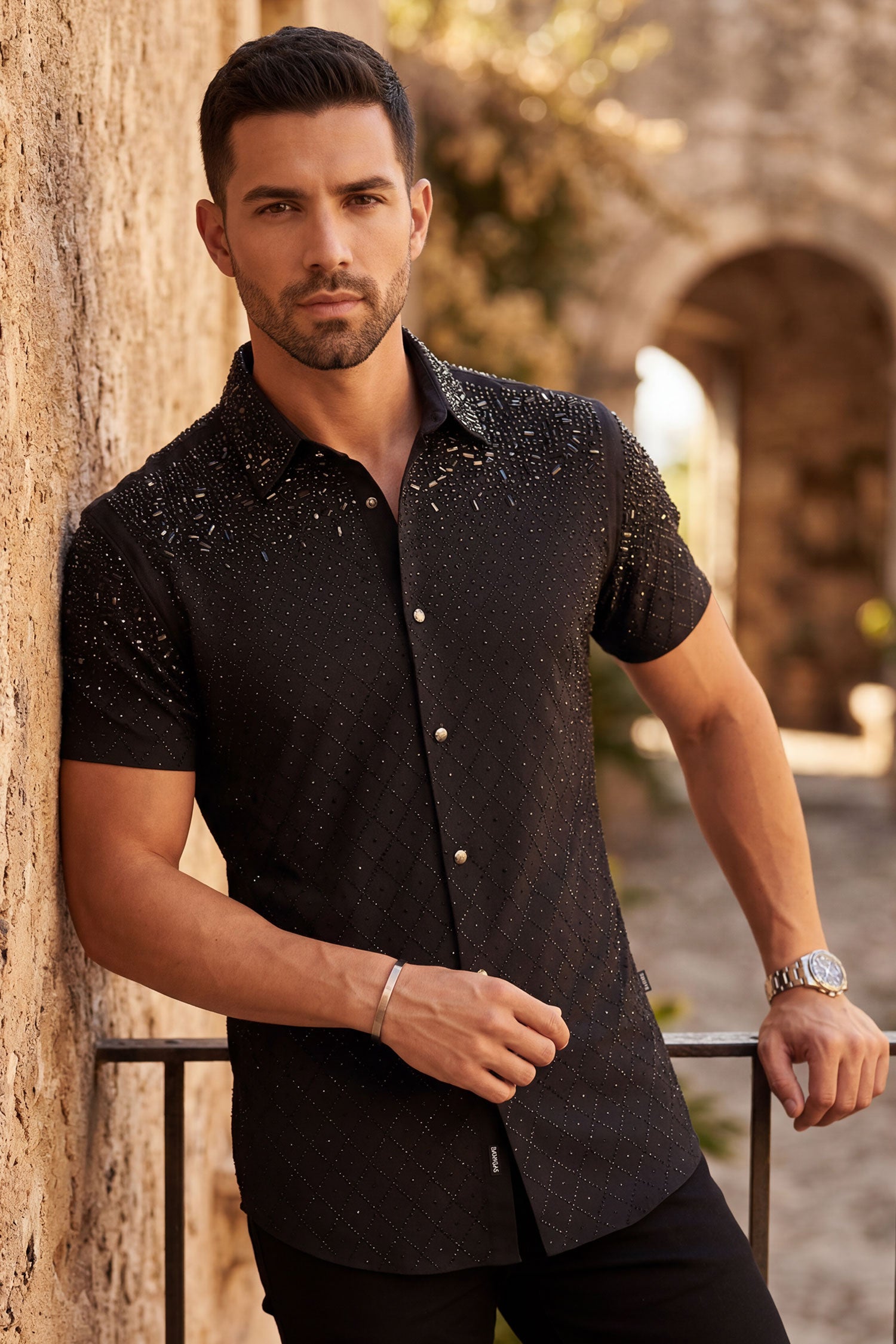 Barabas Men's Rhinestone Geometric Stretch Short Sleeve Shirt 5SST20 Black