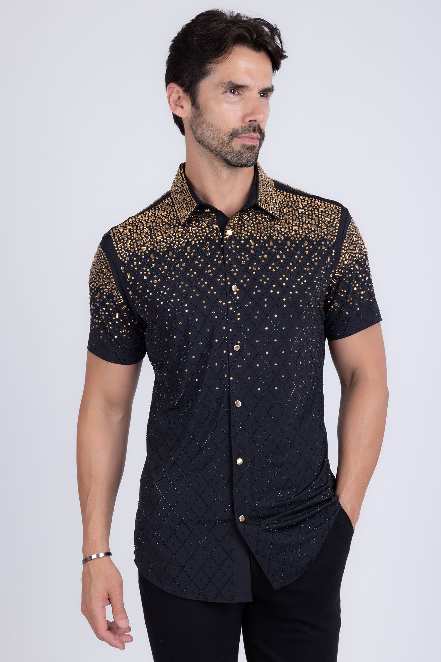Barabas Men's Rhinestone Geometric Stretch Short Sleeve Shirt 5SST20 Black Gold