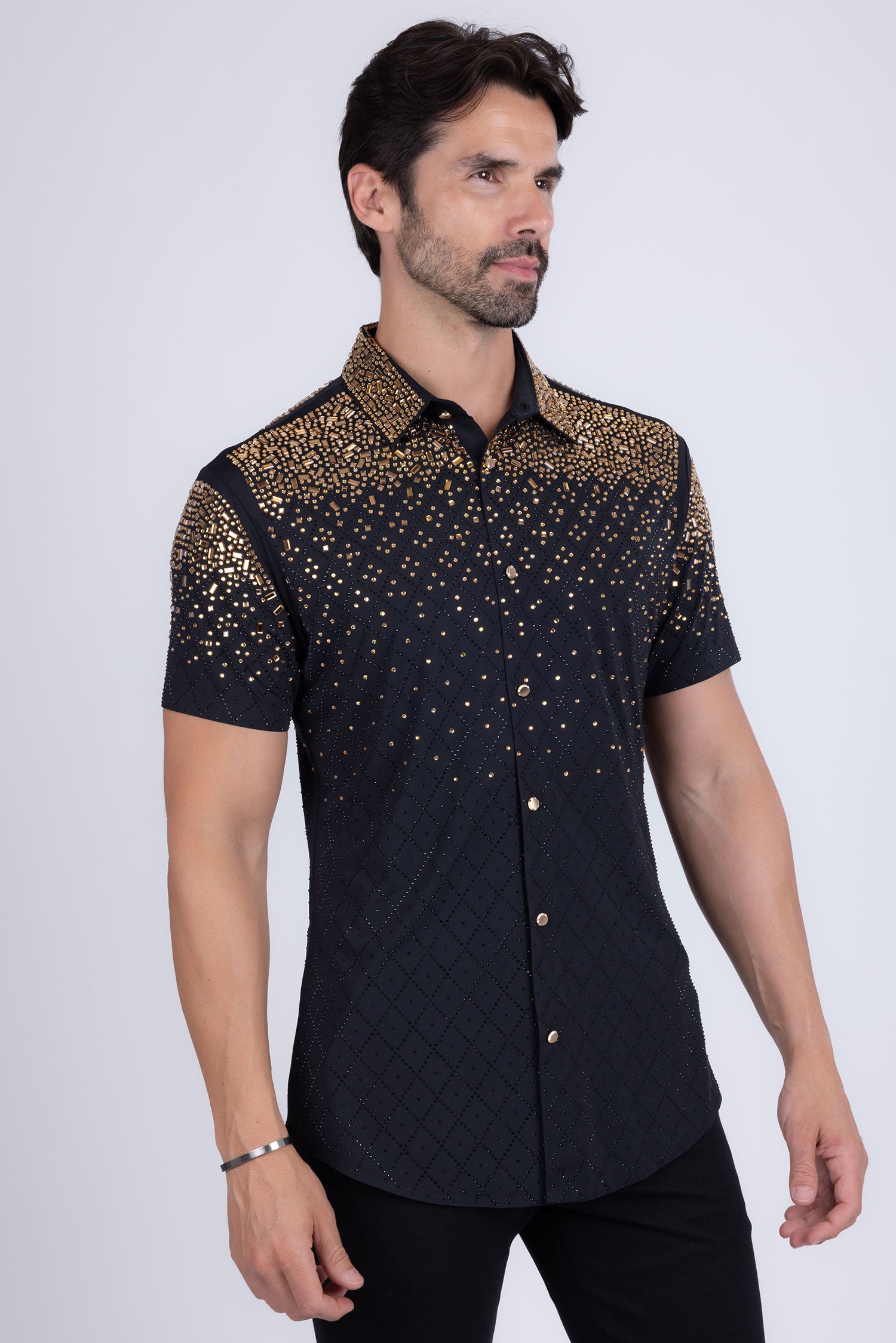 Barabas Men's Rhinestone Geometric Stretch Short Sleeve Shirt 5SST20 Black Gold