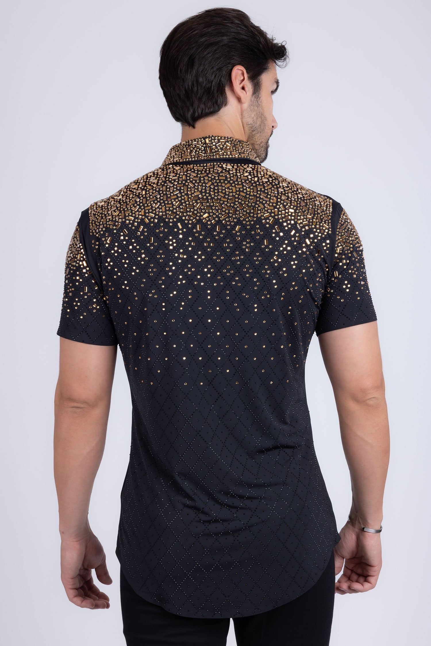 Barabas Men's Rhinestone Geometric Stretch Short Sleeve Shirt 5SST20 Black Gold