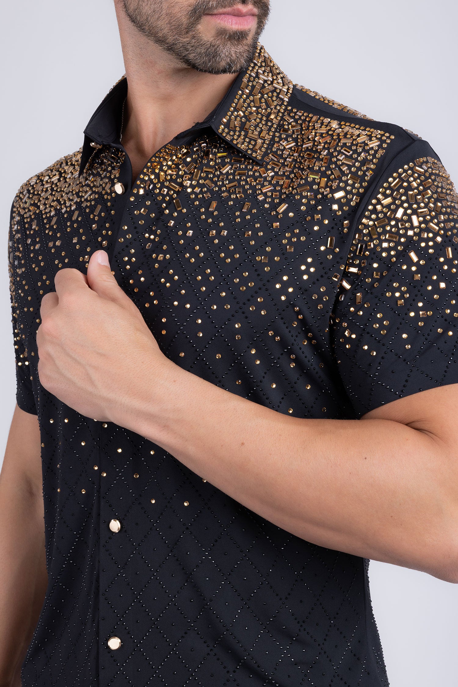 Barabas Men's Rhinestone Geometric Stretch Short Sleeve Shirt 5SST20 Black Gold
