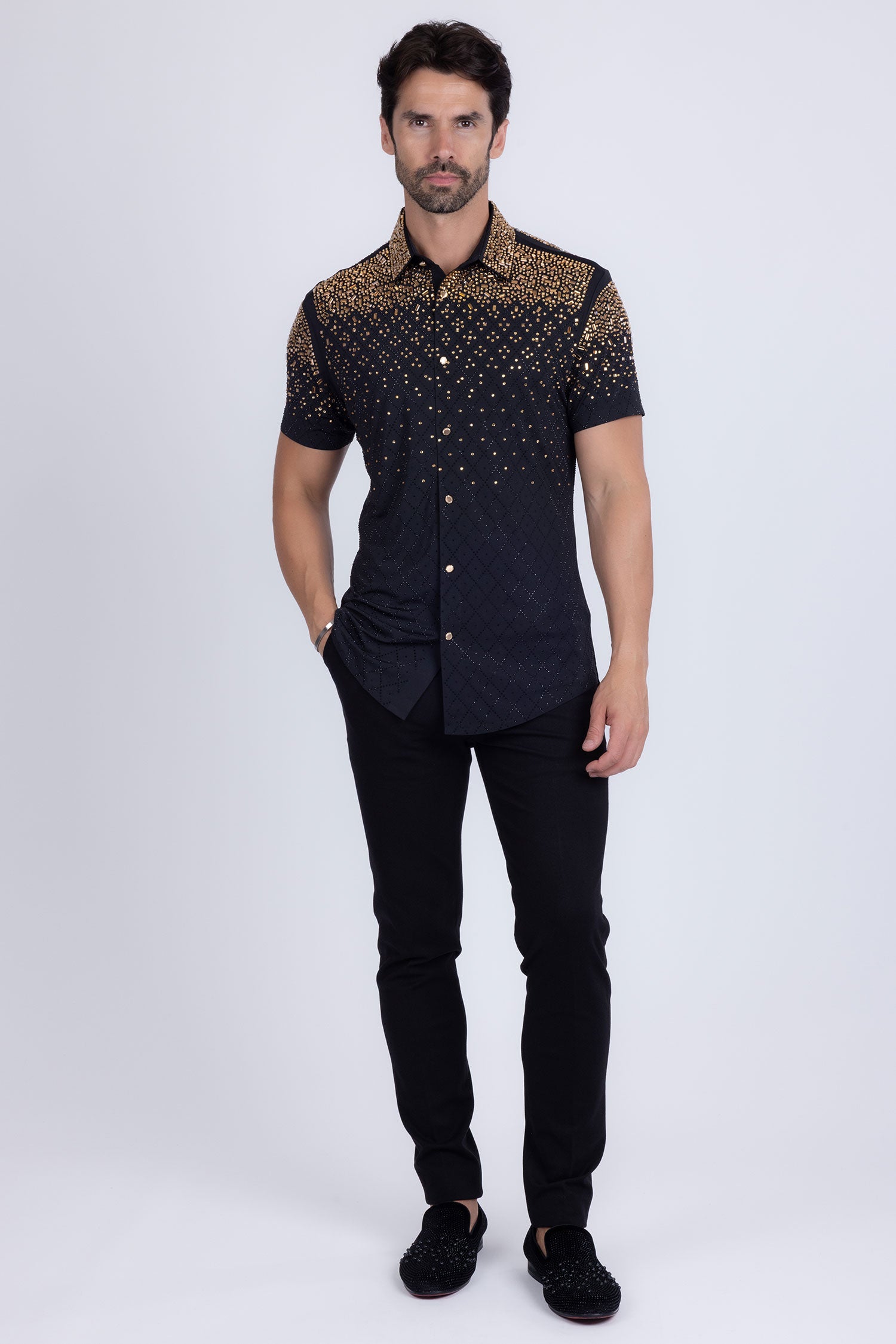Barabas Men's Rhinestone Geometric Stretch Short Sleeve Shirt 5SST20 Black Gold