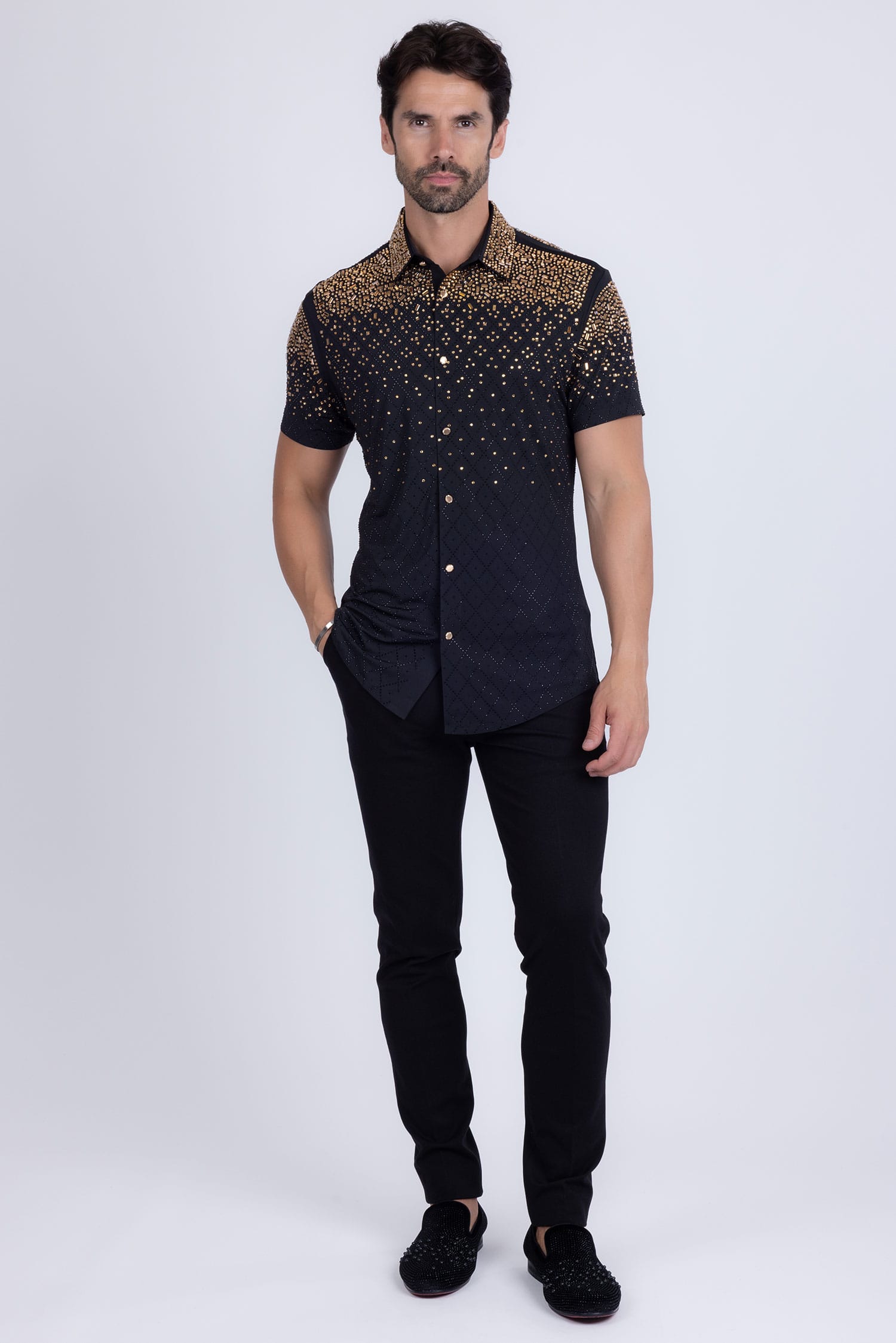 Barabas Men's Rhinestone Geometric Stretch Short Sleeve Shirt 5SST20 Black Gold